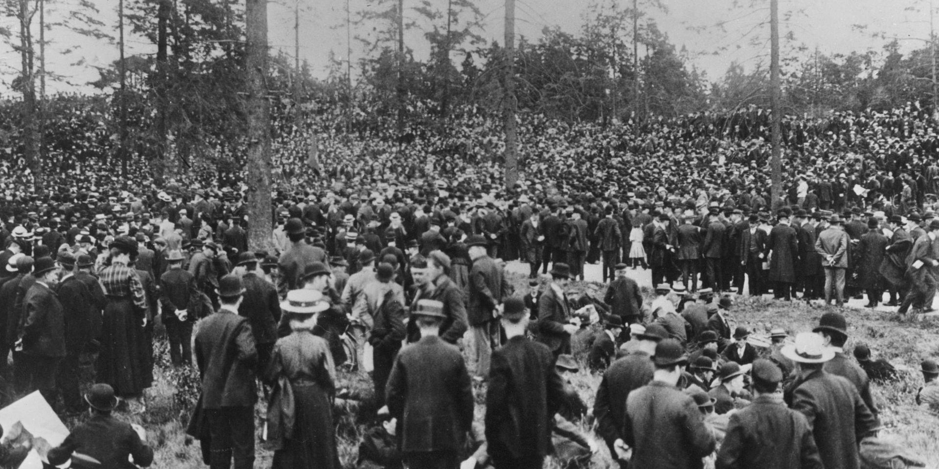 Folkmassor i Liljanskogen under Storstrejken 1909. 