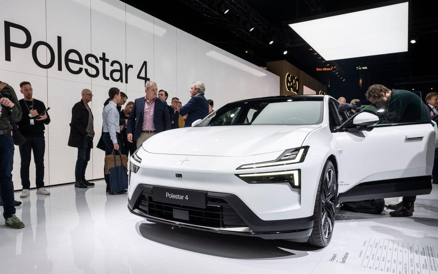 En Polestar-modell visas upp på elbilsmässan E-car expo på Friends Arena 2024. Arkivbild.
