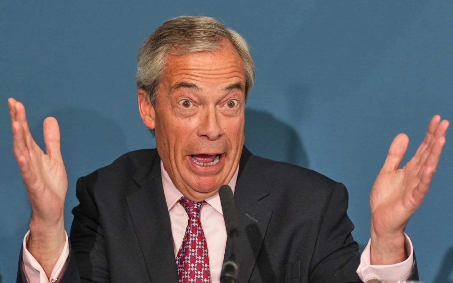 Reformpartiets ledare Nigel Farage på en presskonferens i London i april. Arkivbild.
