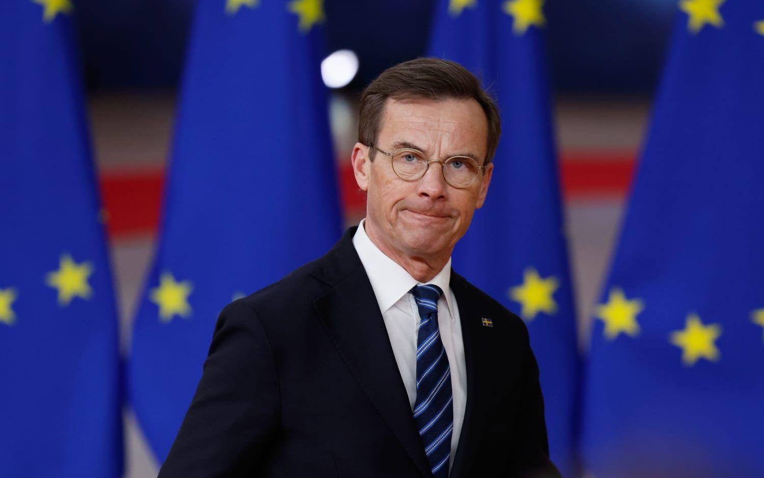Statsminister Ulf Kristersson anländer till EU-toppmötet på torsdagen.