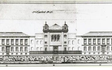 Ritning från 1856. Även den andra arkitekten (August Krüger, som avlöste Victor von Gegerfeldt) fick arbeta om sitt förslag. Ritning: Göteborgs stadsmuseum
