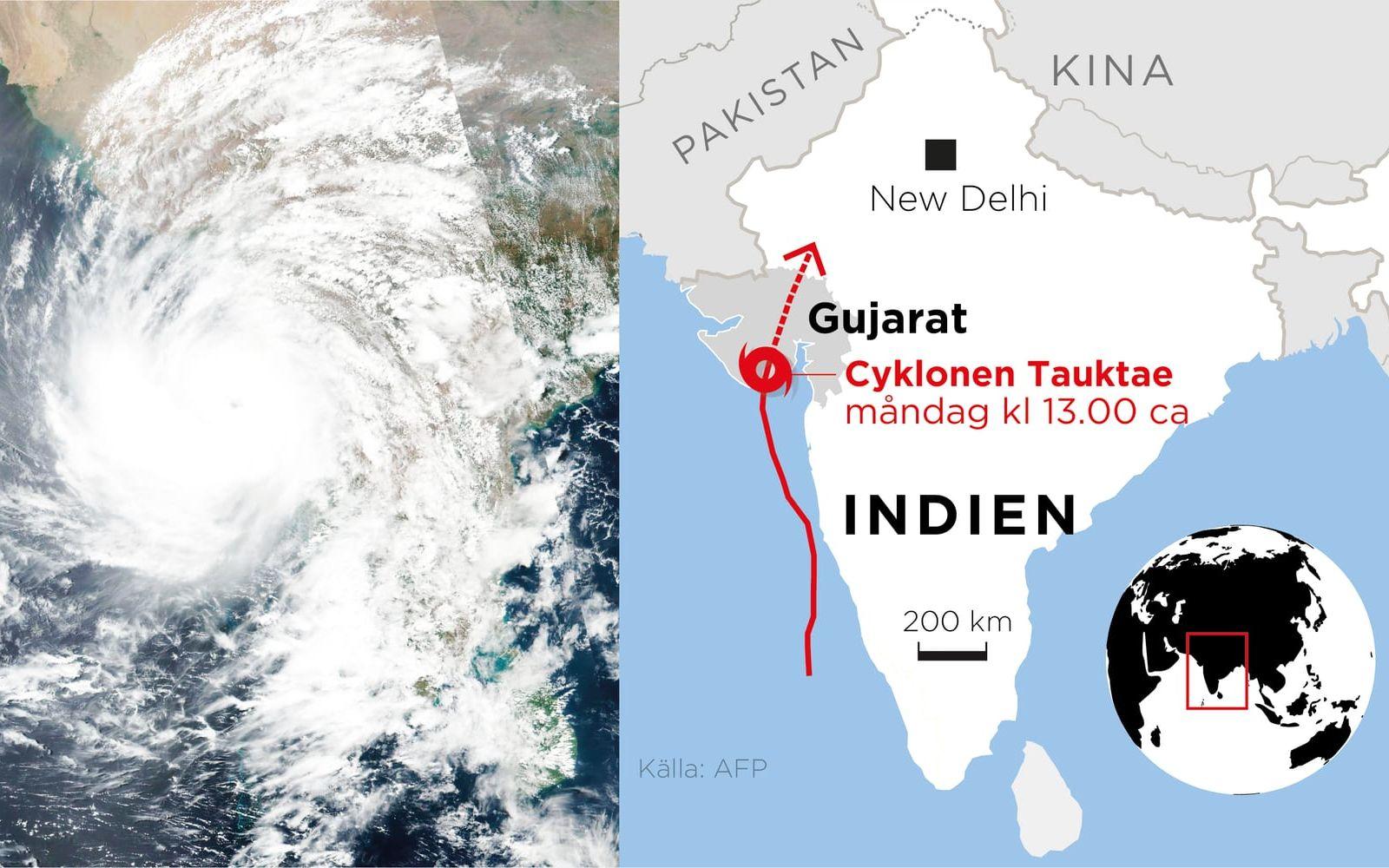 Delstaten Gujarat drabbas av cyklonen Tauktae som krävt flera liv.