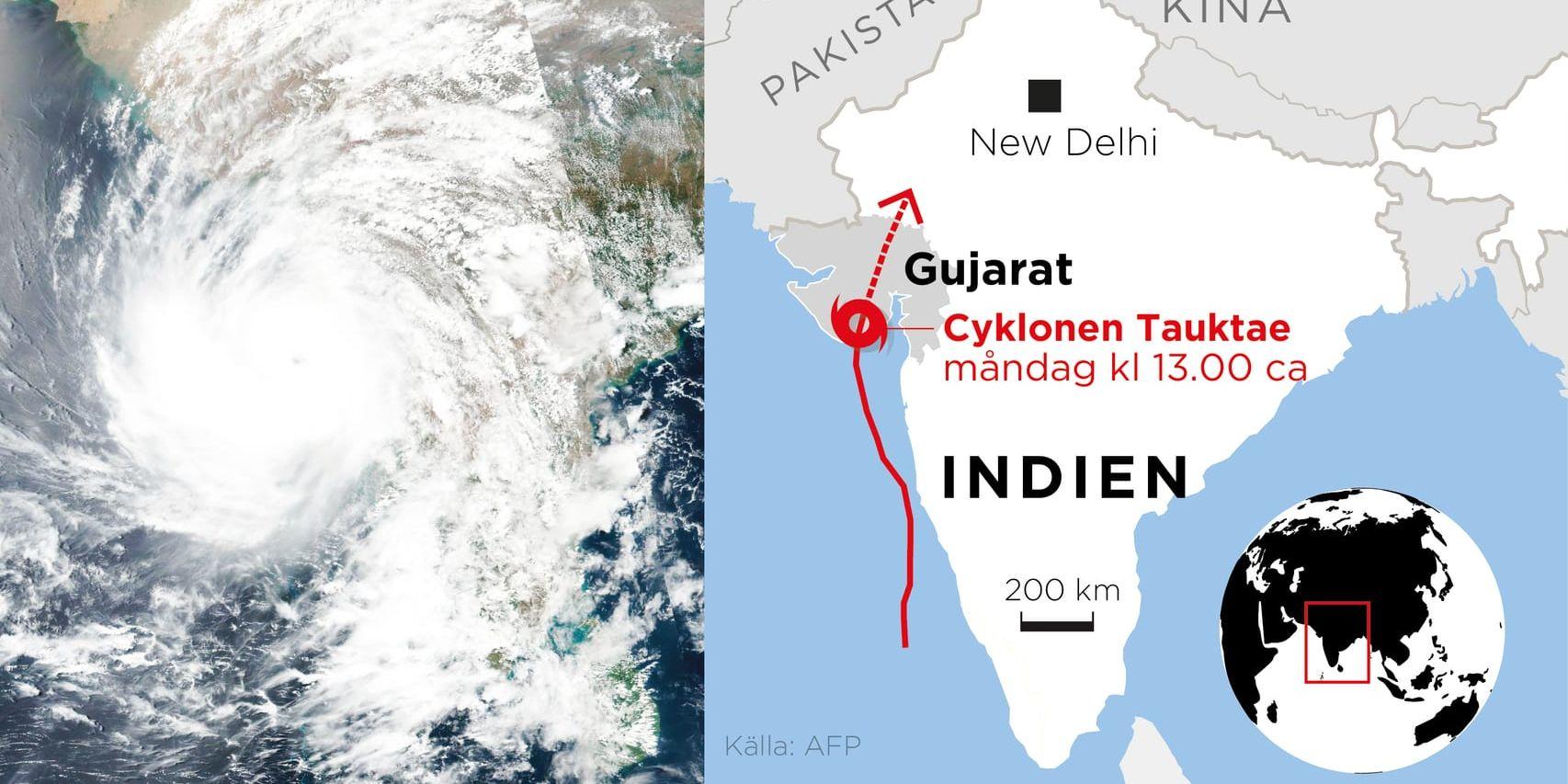 Delstaten Gujarat drabbas av cyklonen Tauktae som krävt flera liv.