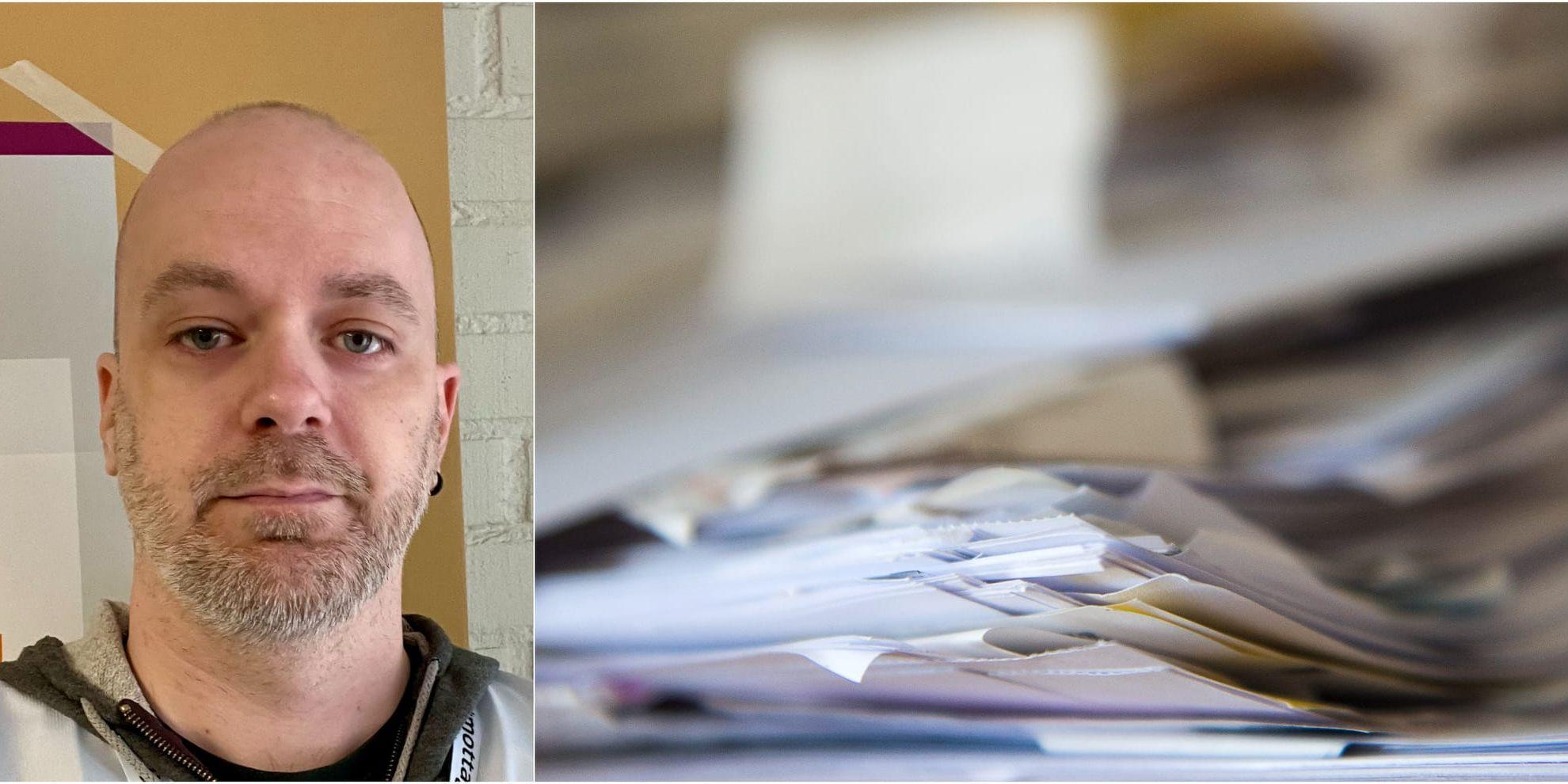 Bildkollage på Martin Stockzell samt en bild på en pappershög.