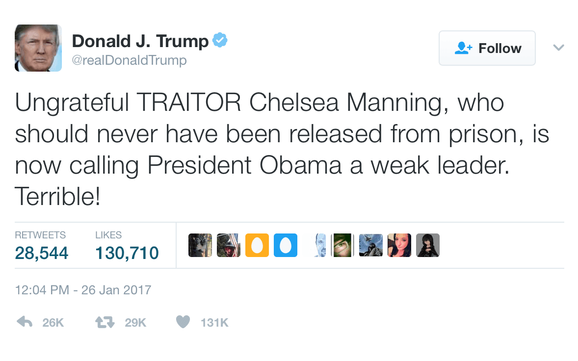 <strong>EXEMPEL 3:</strong> 16 januari tweetar Trump om Chelsea Manning...