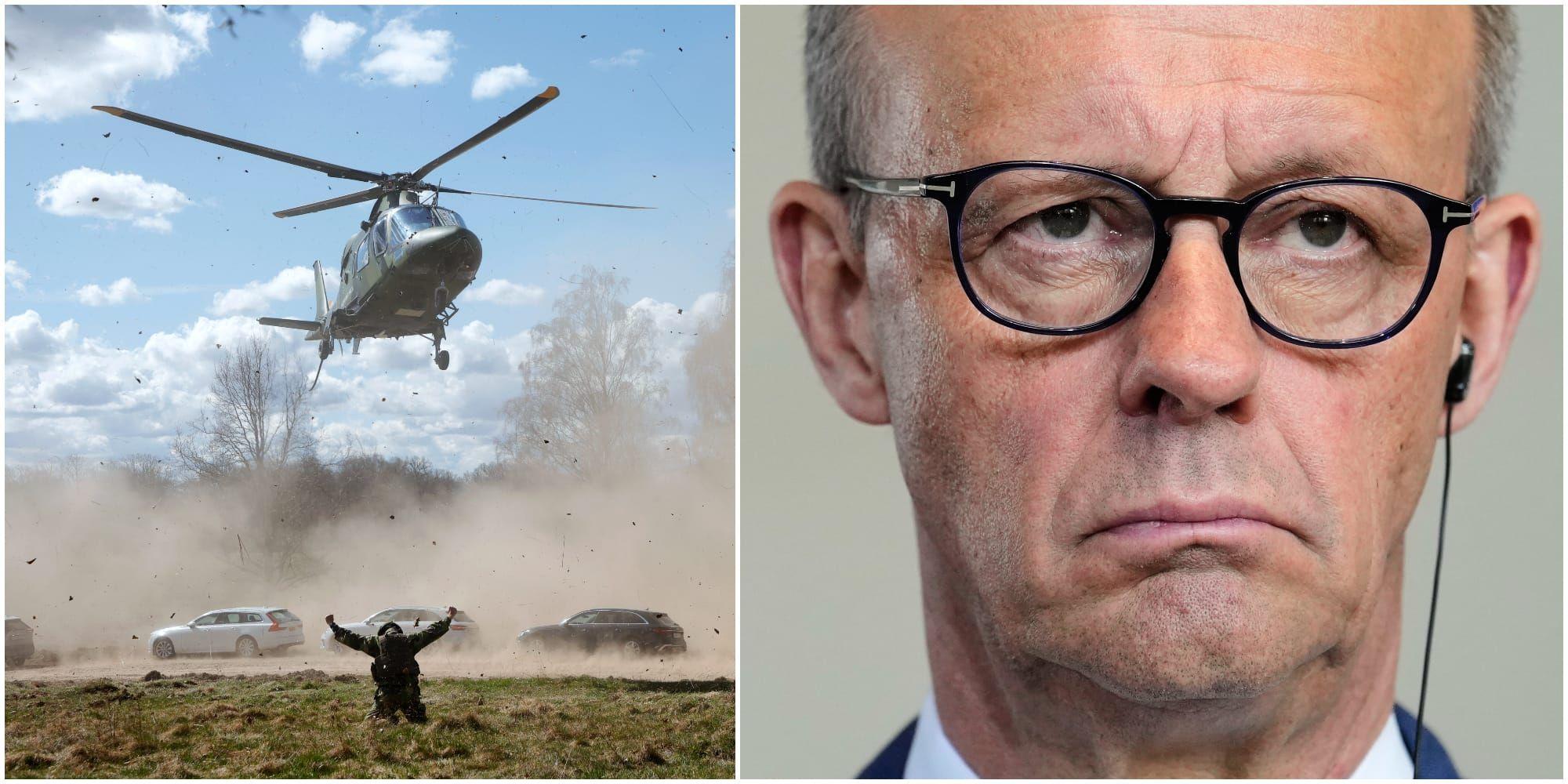 Delad puffbild på Friedrich Merz och soldater under en övning. 