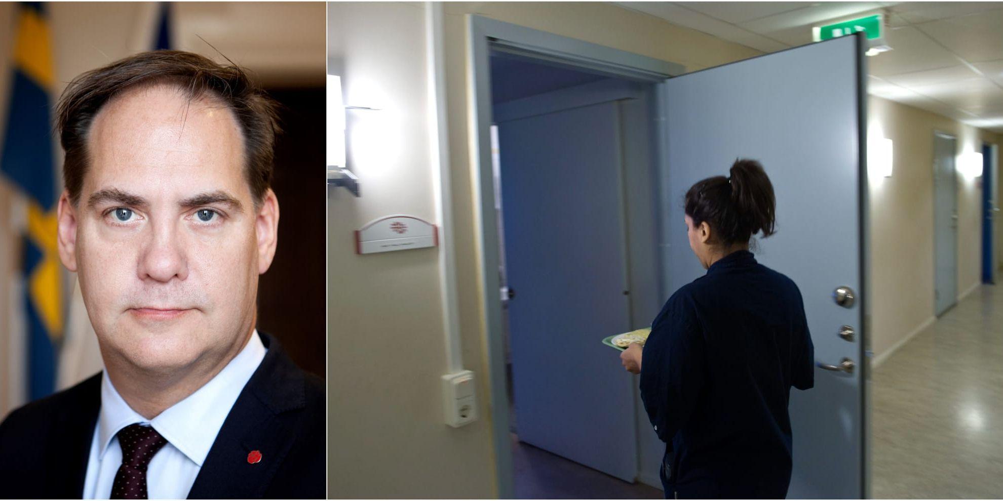 Bildkollage på Kenneth G Forslund (S) samt en bild på en undersköterska som bär in en tallrik mat till en äldre person på äldreboende.