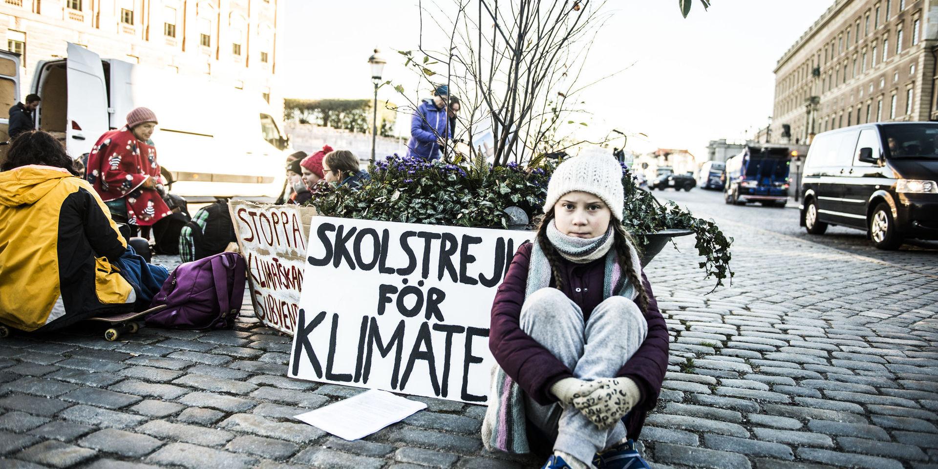Greta Thunberg strejkar för att världen ska få upp ögonen för klimatet. Varje fredag sitter hon på Mynttorget utanför riksdagshuset.