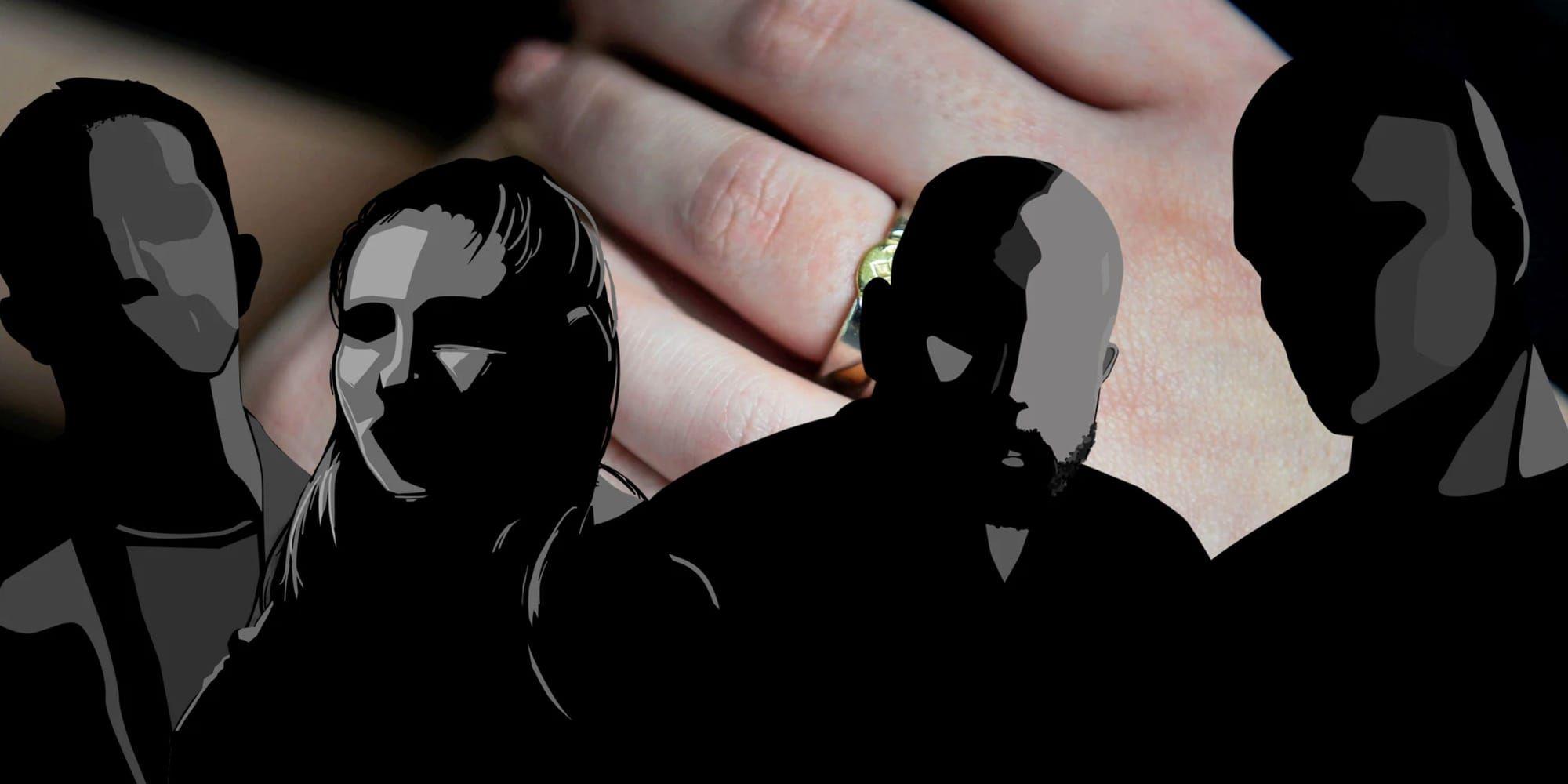 Händer med ringar och fyra siluetter.
