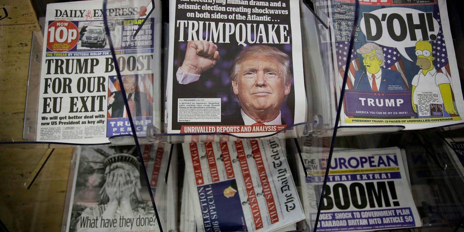 Tidningarnas förstasidor efter det att Donald Trump segrat i presidentvalet i november. Arkivbild.