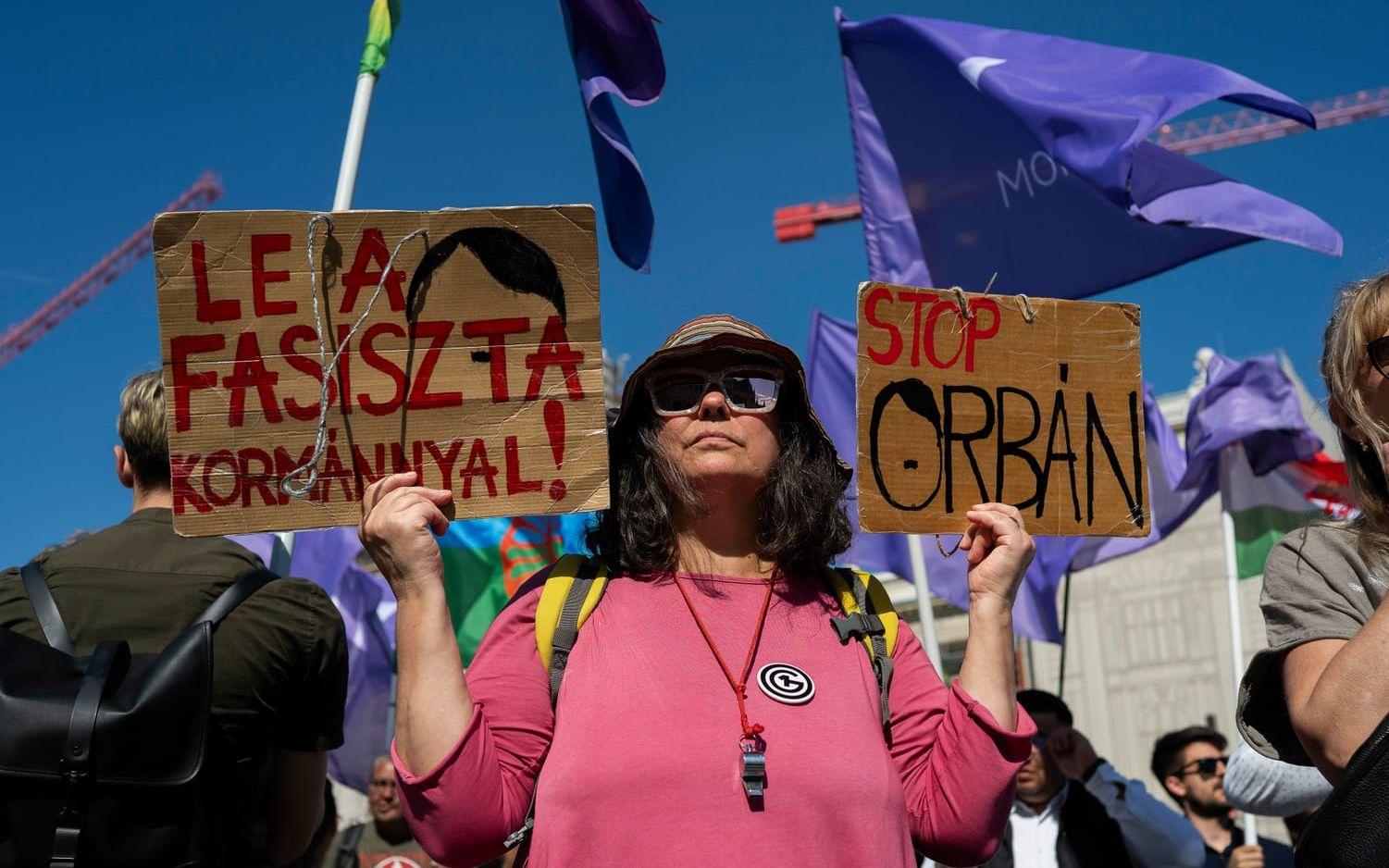 Ungrare protesterar mot en lag som förbjuder prideevenemang i landet. Bild från Budapest i maj i fjol.