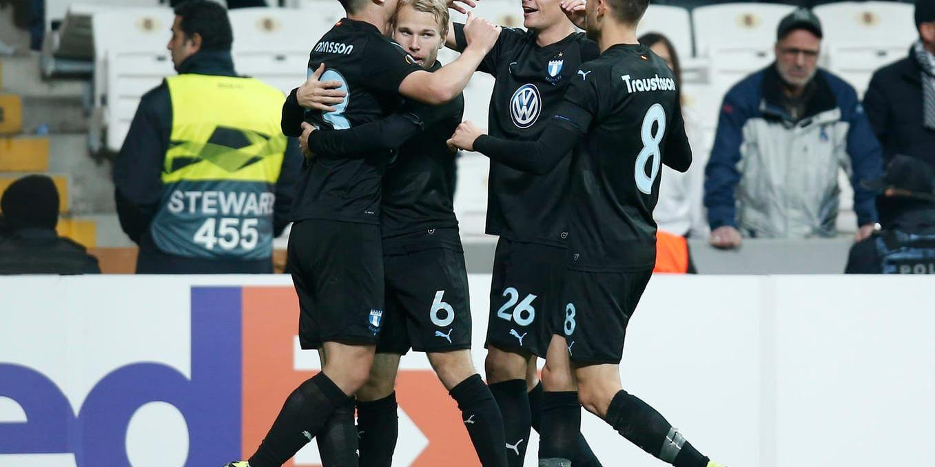 Malmö FF jublar efter att Marcus Antonsson gjort målet borta mot Besiktas som tar MFF vidare till sextondelsfinal i Europa League.