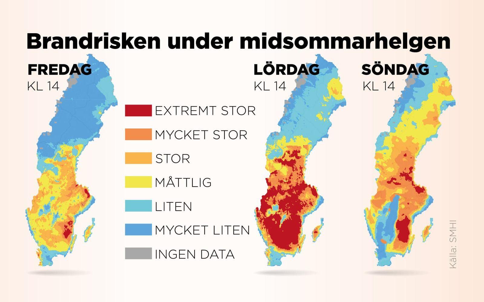 Brandrisken i Sverige under midsommarhelgen. Prognos SMHI klockan 16 på torsdagen.