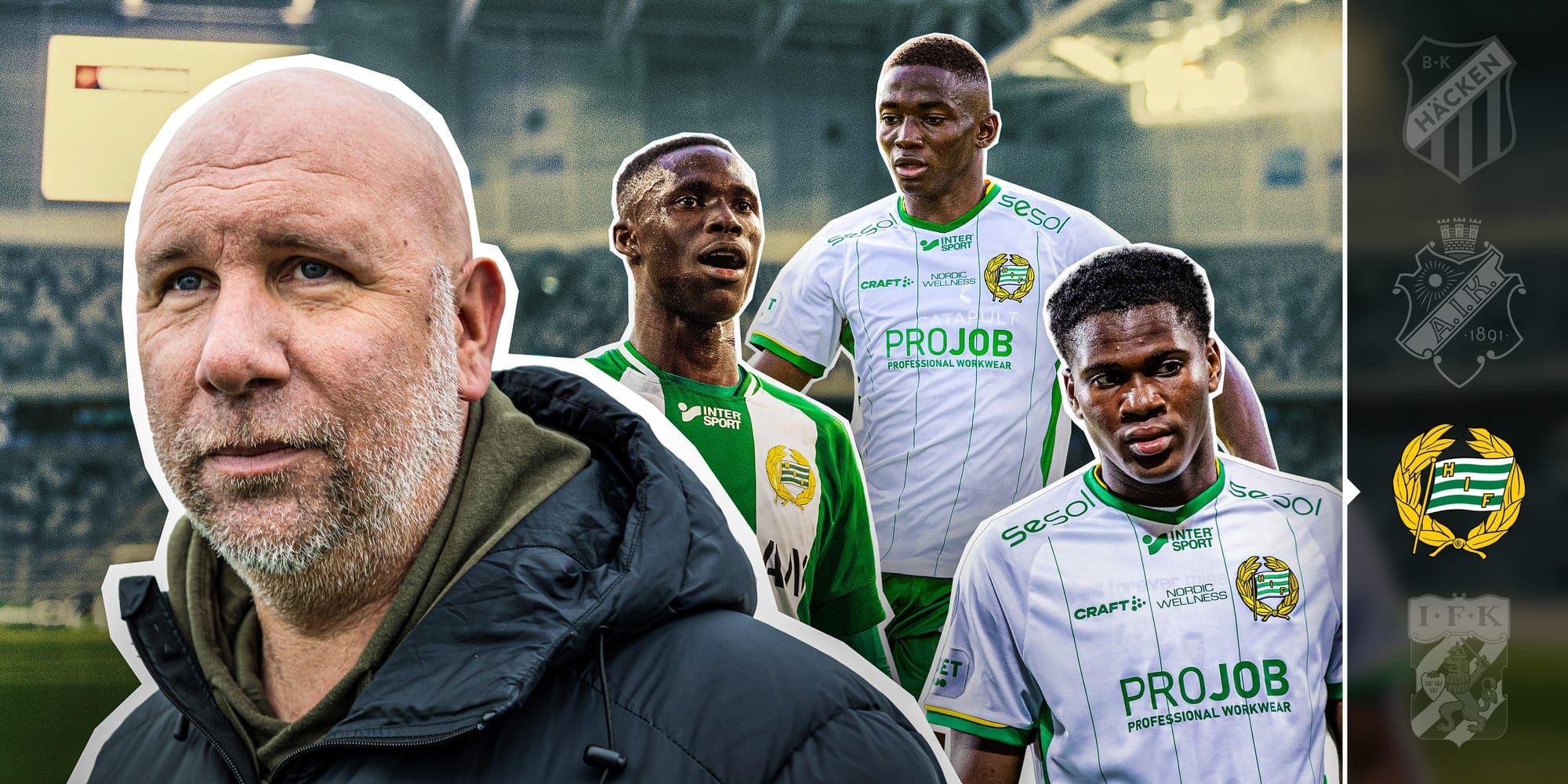 Montage med sportchefen i Hammarby Mikael Hjelmberg och tre fotbollsspelare