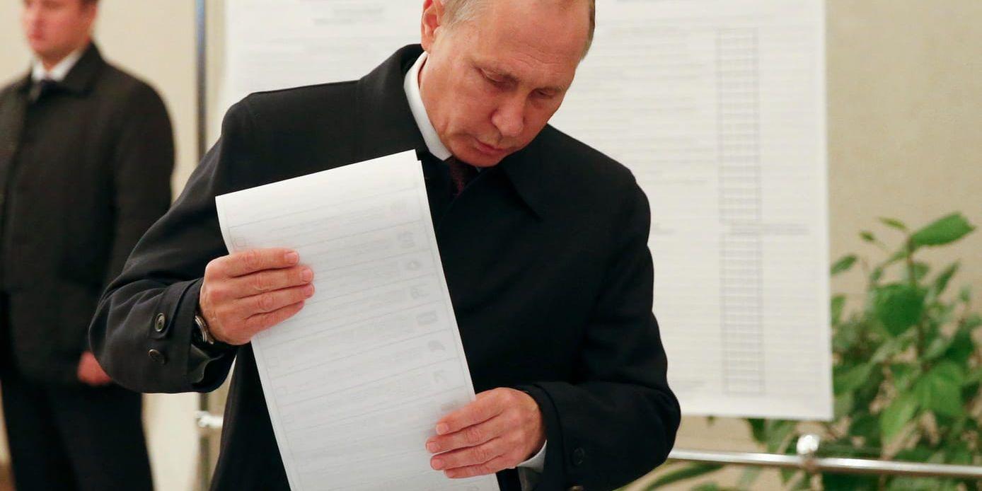 Rysslands president Vladimir Putin lägger sin röst i parlamentsvalet 2016. På söndag ska ryssarna rösta fram landets näste president – och ingen förväntar sig något annat än att Putin kommer att vinna.