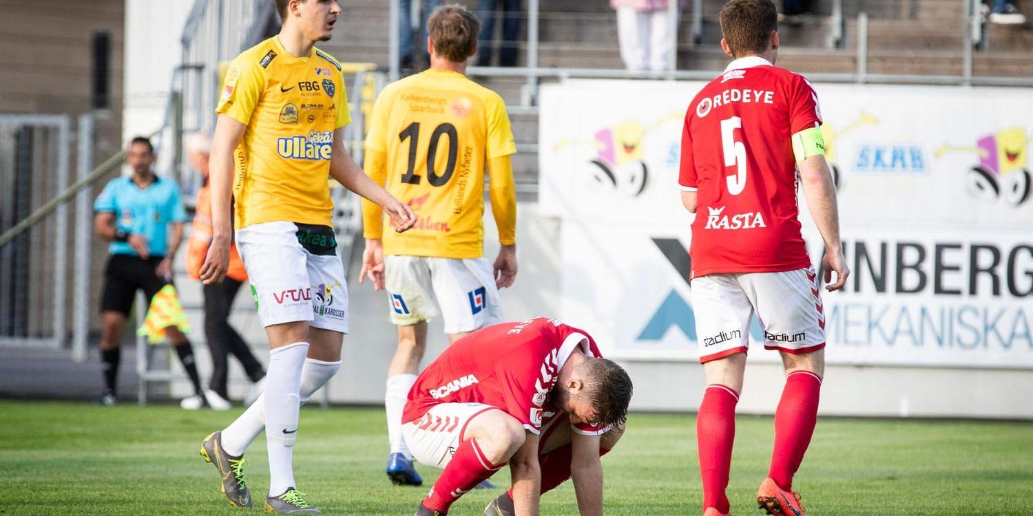 Kalmars Fidan Aliti deppar efter ett missat läge mot Falkenberg.