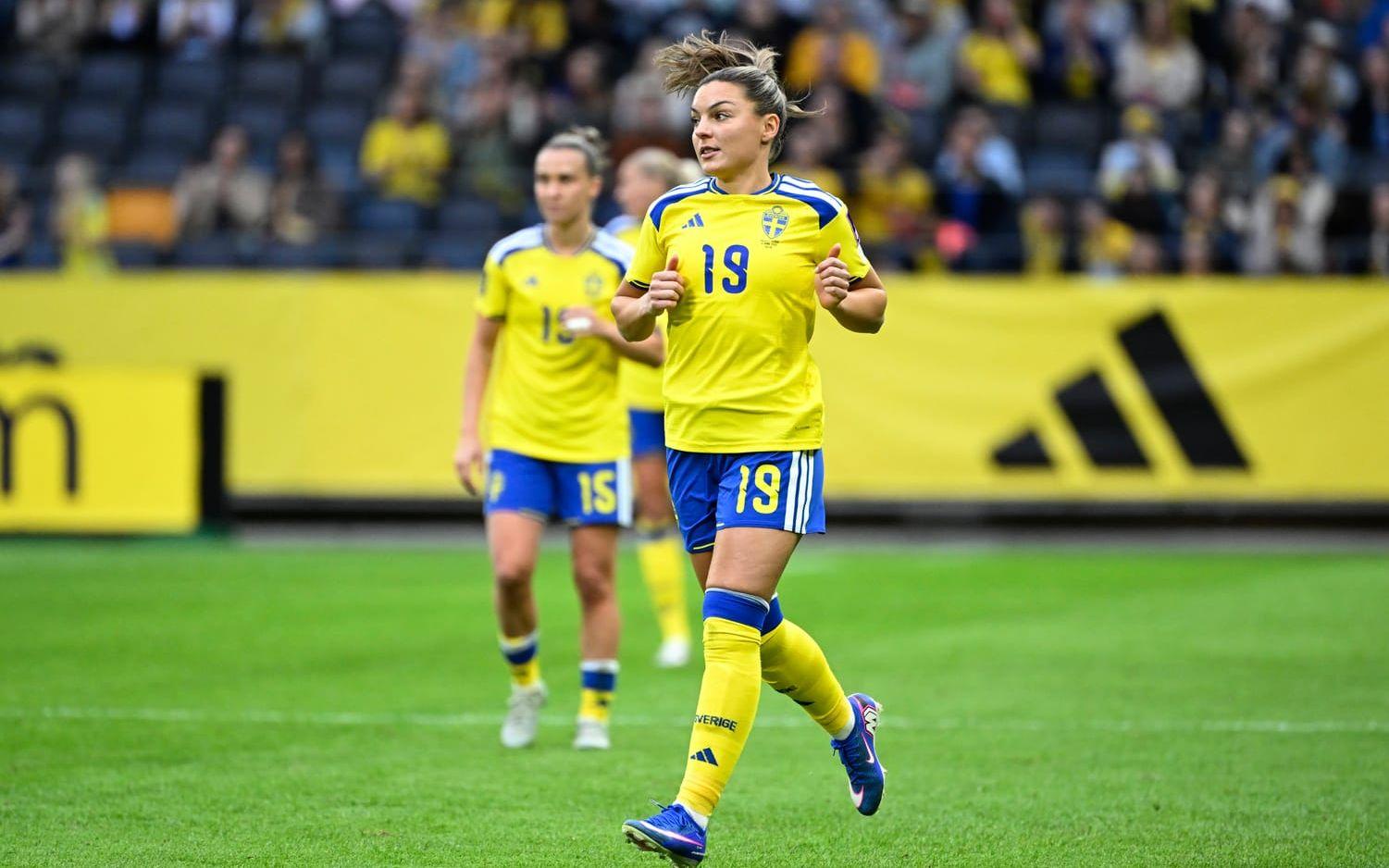 Sveriges Johanna Rytting Kaneryd under lördagens VM-kvalmatch mellan Sverige och Serbien på Strawberry arena i Solna.