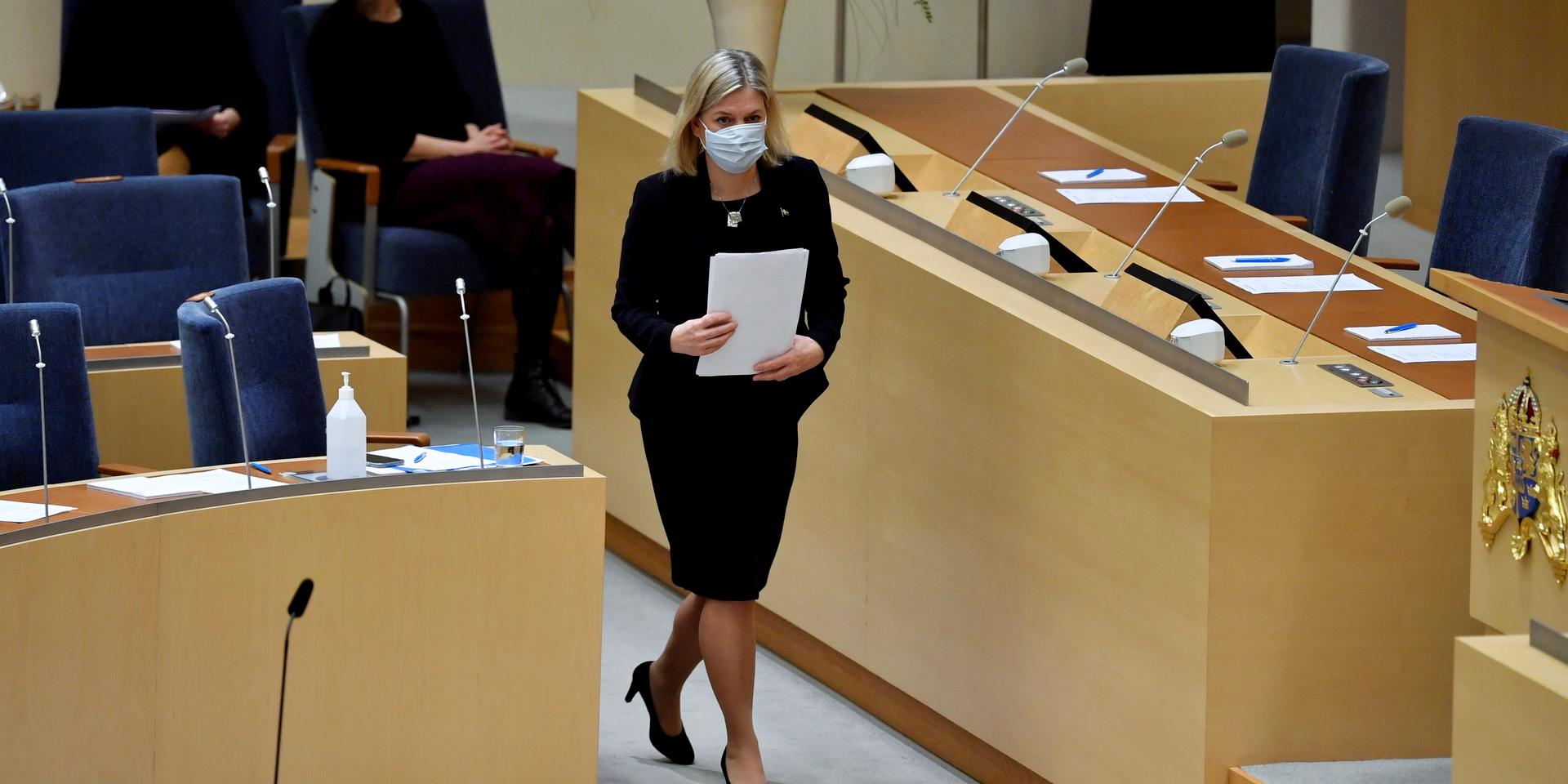 Socialdemokraternas partiledare Magdalena Andersson (S) under dagens partiledardebatt i riksdagen.