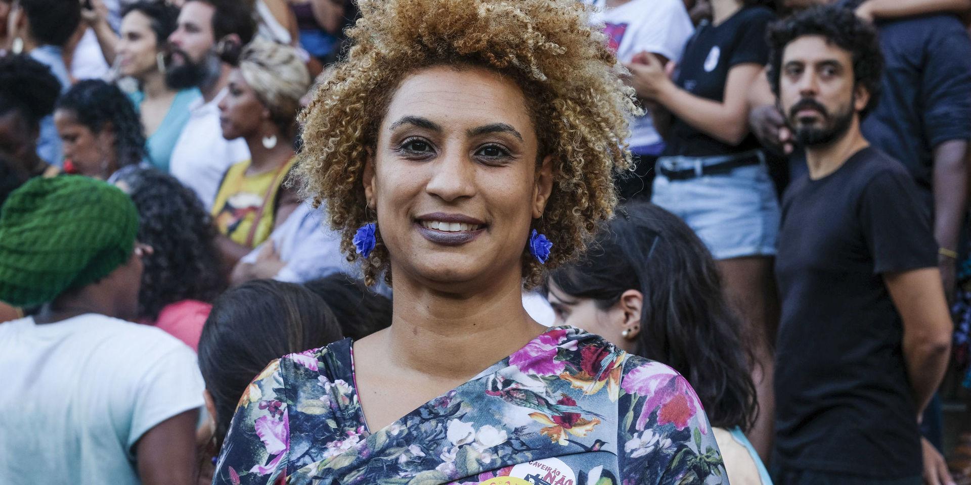 Den senare mördade politikern och människorättsaktivisten Marielle Franco under en manifestation i Rio de Janeiro i januari 2018.