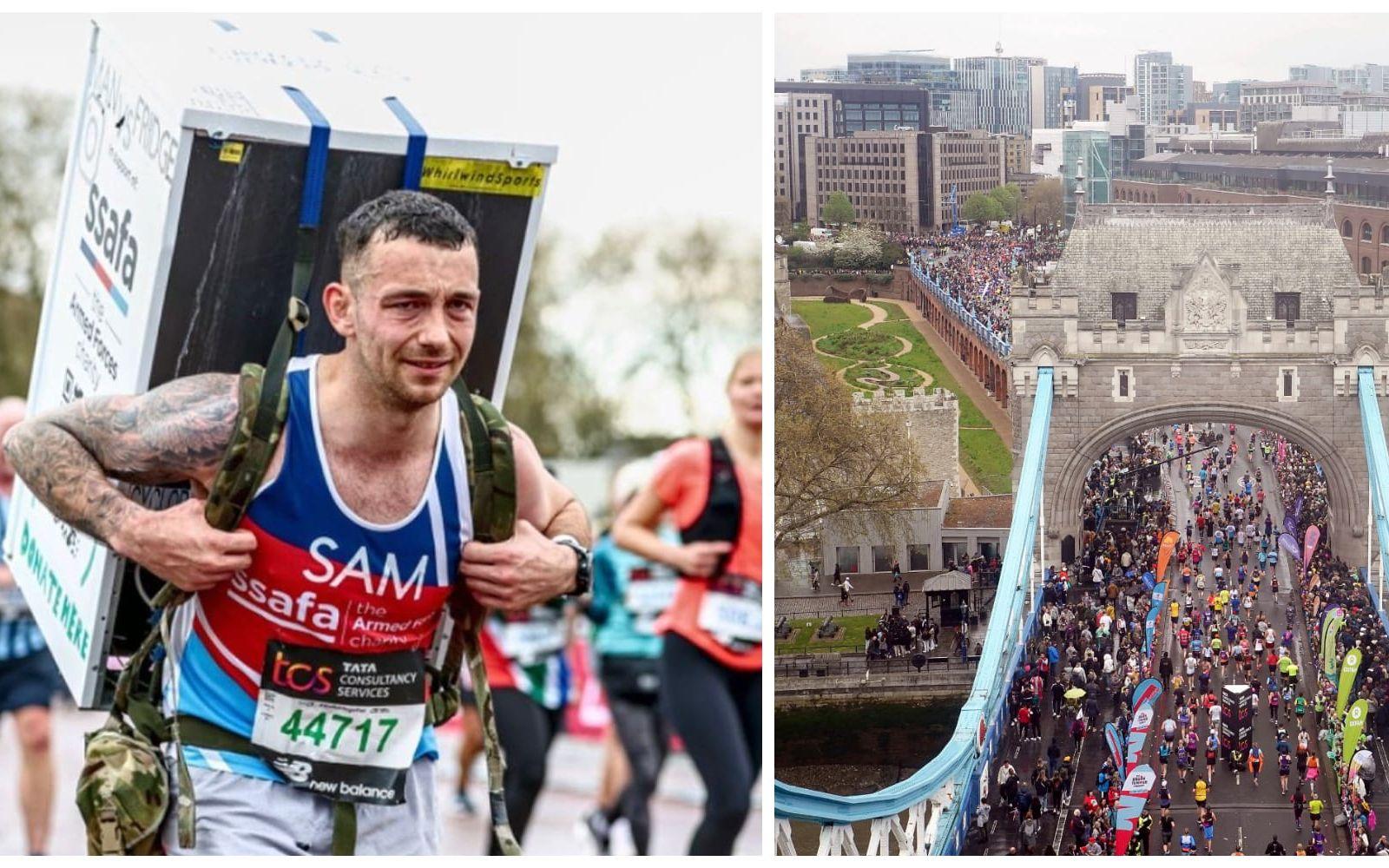 Sam Hammond sprang London Marathon med ett kylskåp på ryggen. Bild till vänster: Instagram.