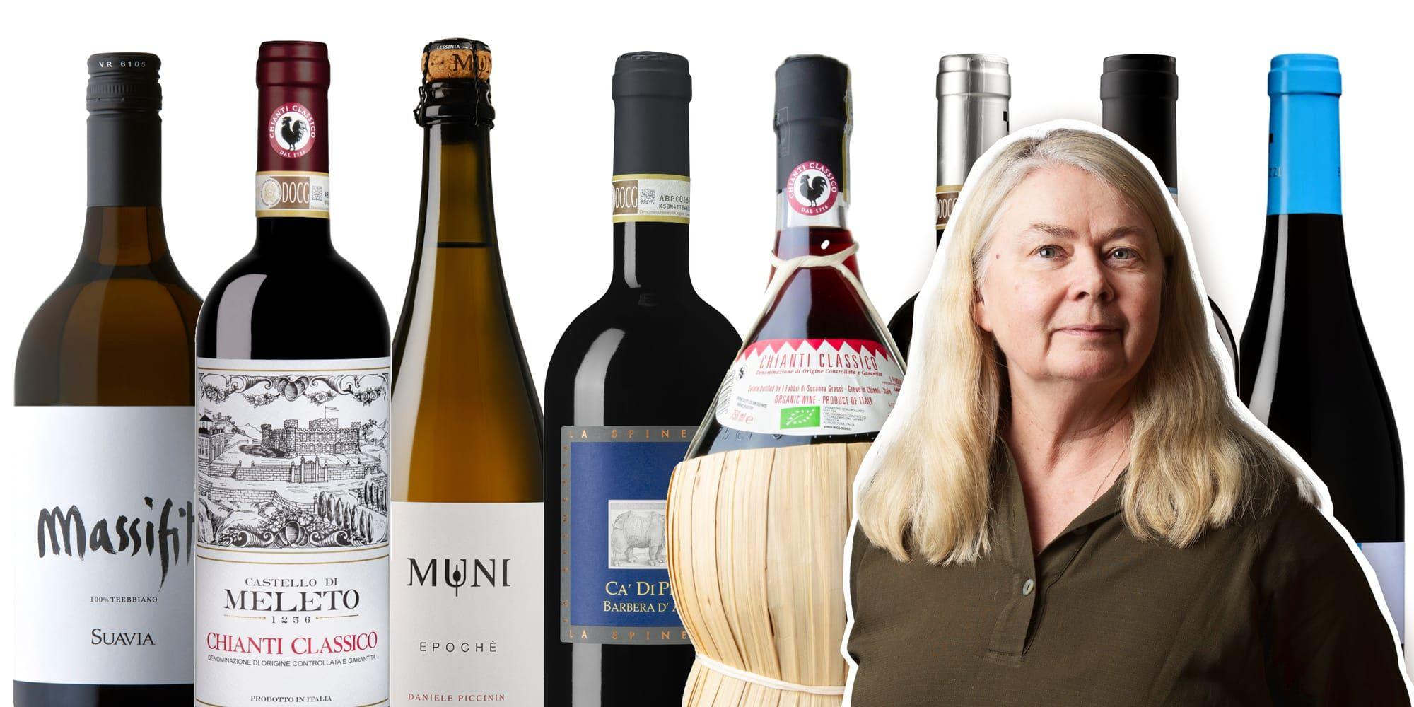 Montage av åtta flaskor vin och GP:s vinskribent Marie Oskarsson i förgrunden.