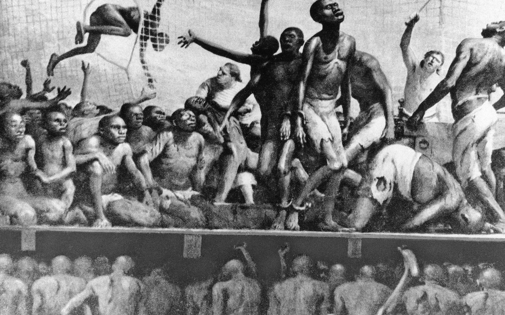 Livet på ett slavskepp på väg till Västindien, konstverk av Robert Riggs, 1963. 
