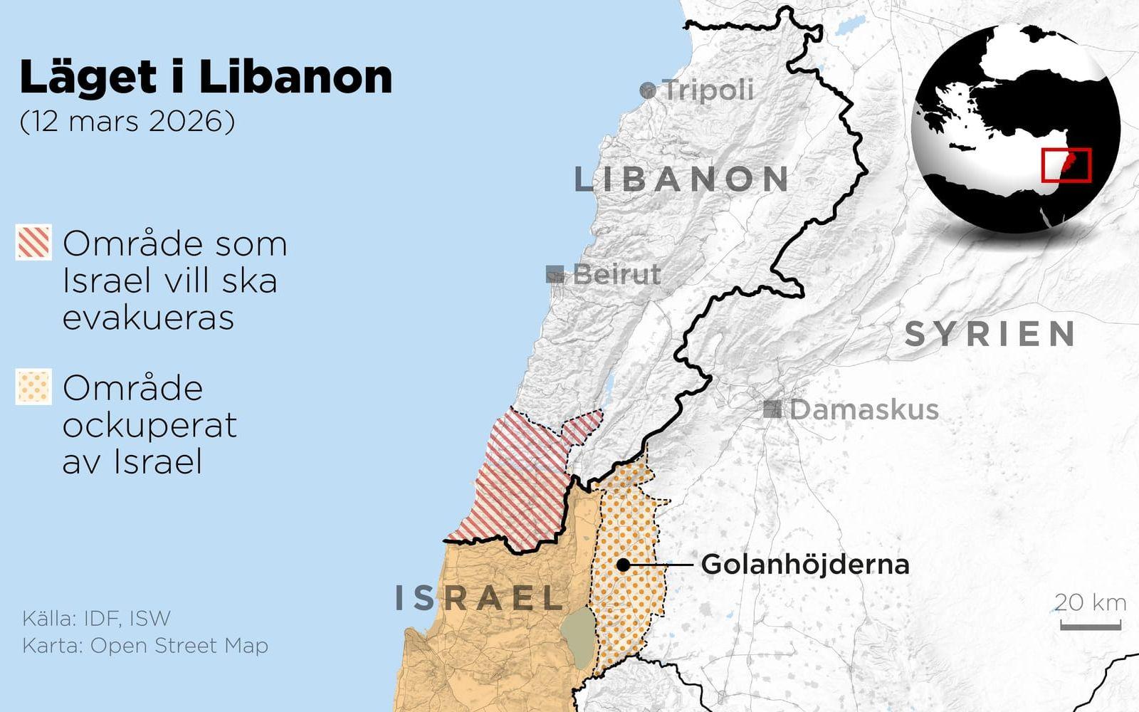 Kartan visar det område i södra Libanon som Israel uppmanat invånare att evakuera.