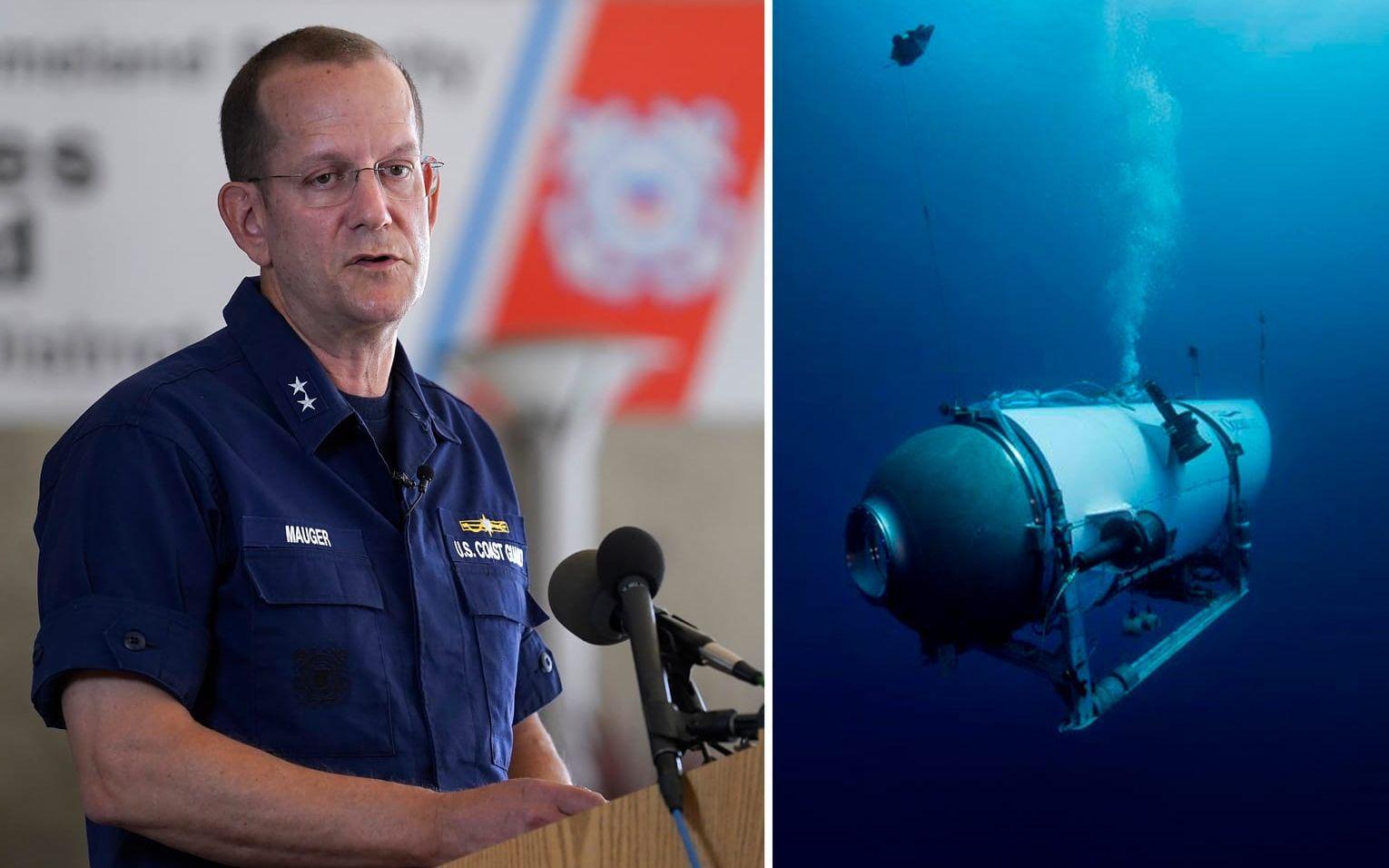 John Mauger på presskonferens i Boston till vänster, ubåten Titan till höger.