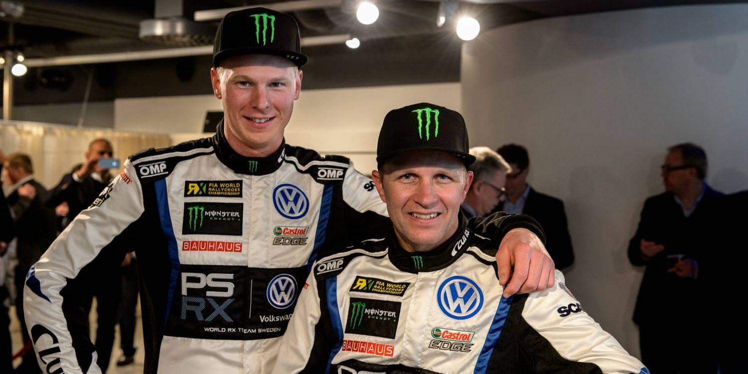Johan Kristoffersson (vänster) är ny VM-ledare – men teamkamraten Petter Solberg (höger) vann söndagens rallycrosstävling i Lydden Hill. Arkivbild.