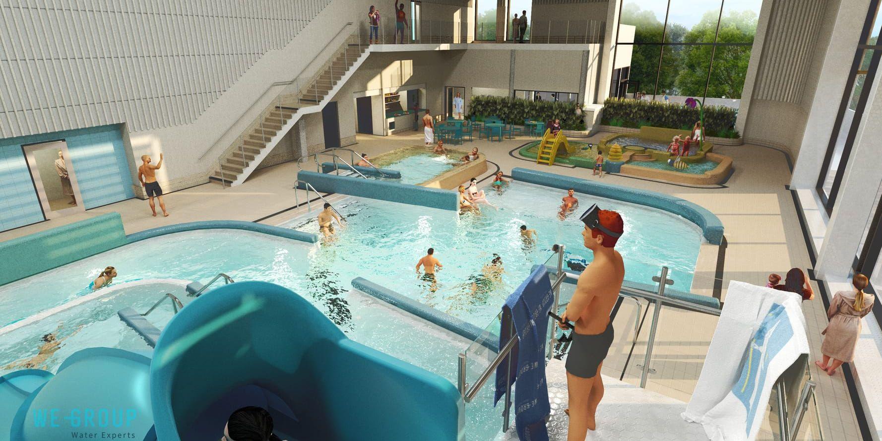 Det nya badhuset i Kungsbacka ska invigas nästa vår. Bild: We group