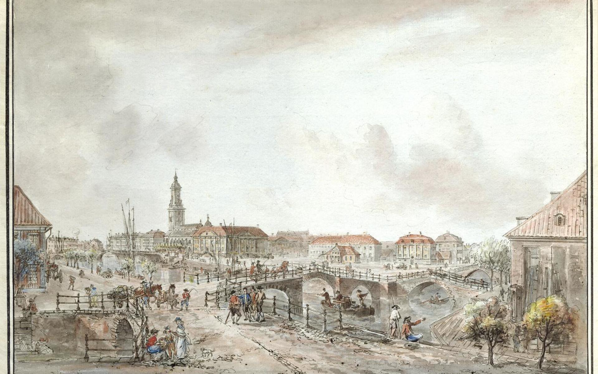 När konstnären Elias Marin på 1780-talet fick i uppdrag att dokumentera svenska städer var området kring Brunnsparken i Göteborg en självklar plats. Martins bild myllrar av de detaljer som var typiska i Göteborg på 1700-talet: de välvda stenbroarna, tvätterskorna (i nedre vänstra hörnet), hemförarbåtarna, bärarna.