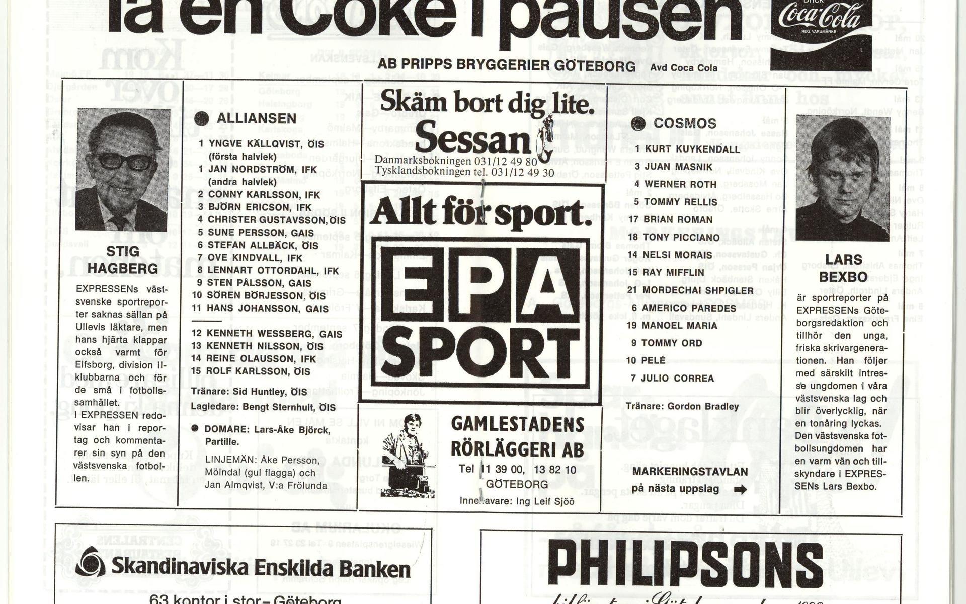 Programblad från Göteborgsalliansens match mot New York Cosmos med Pelé i laget den 2 september 1975.