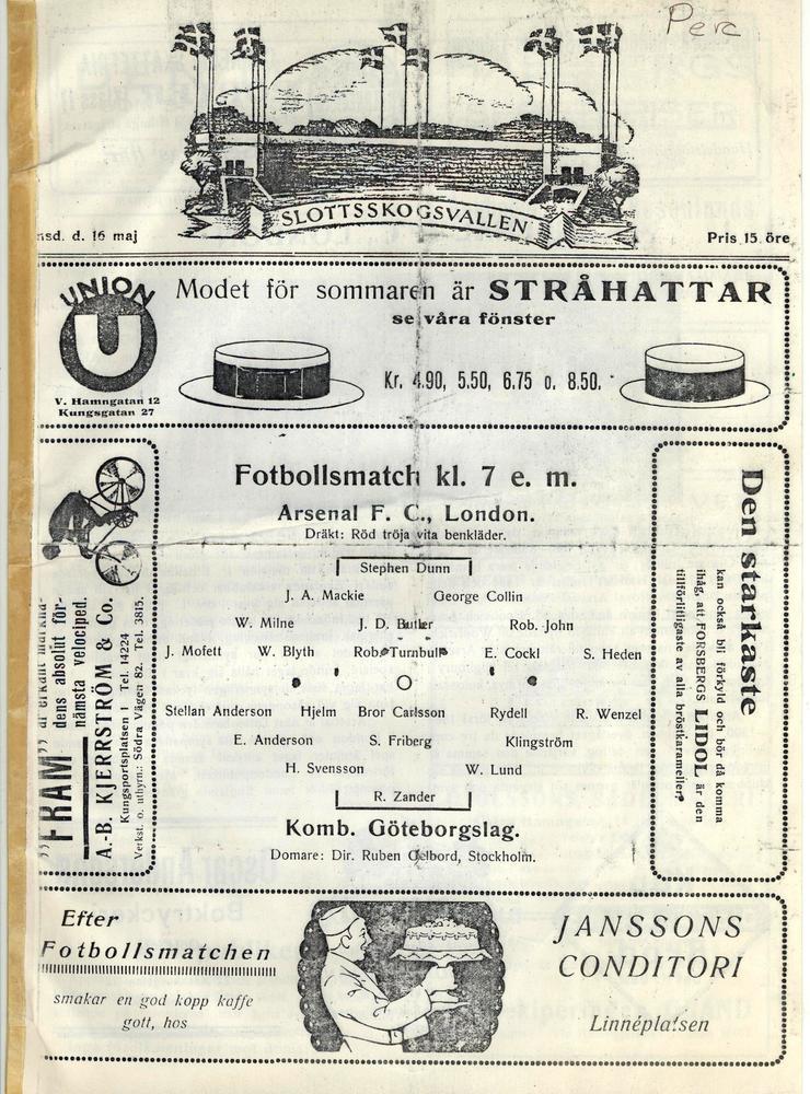 Arsenal FC från London fick tidigt många supporters i Göteborg och de bjöds flera gånger till Sverige för matcher mot Göteborgsalliansen.