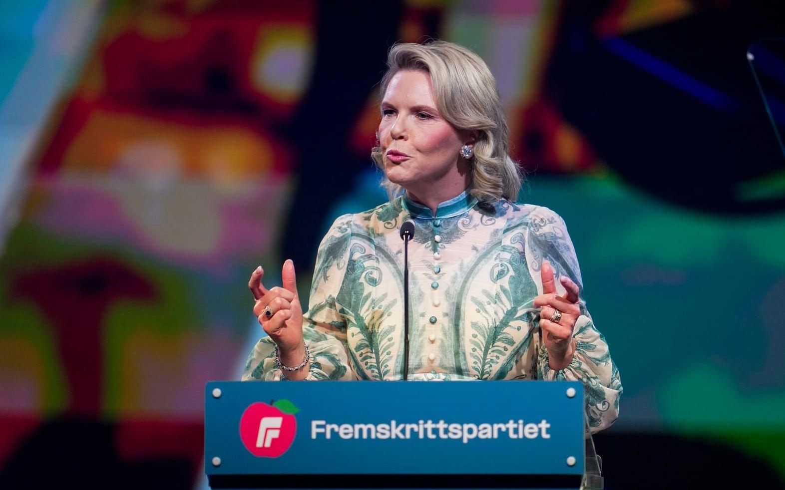 Sylvi Listhaug, ledare för Fremskrittspartiet (FRP) vid partiets landsmöte i fredags.