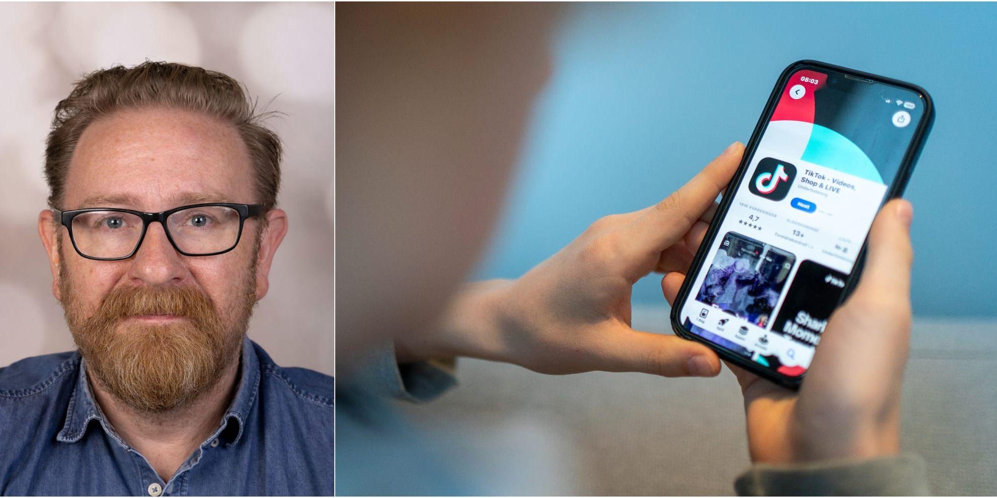 Bildkollage på läraren Sebastian Osbeck samt en bild på en person som använder Tiktok på sin mobil.