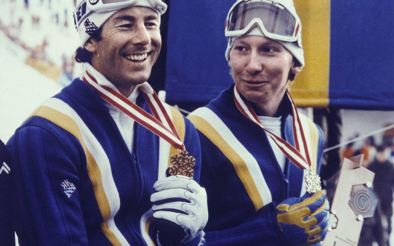 I Schladming 1982 vann Stenmark guld i slalom och silver i storslalom. På slalompallen fick han sällskap av <strong>Bengt Fjällberg,</strong> som slutade trea. Foto: TT