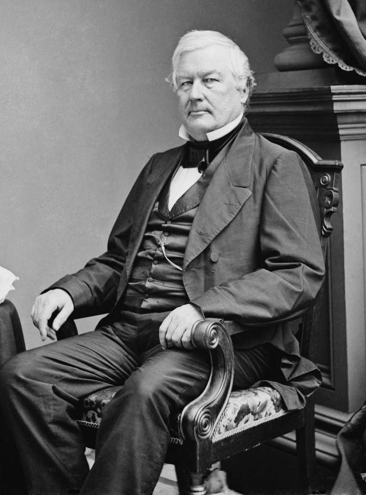 <strong>Millard Fillmore (W), 1850–1853.</strong> Den siste Whig-presidenten. Godkände bland annat Missouri-kompromissen som gällde slaveriets reglering (bland annat förbjöds den i Washington DC) samt Kaliforniens framtida status.