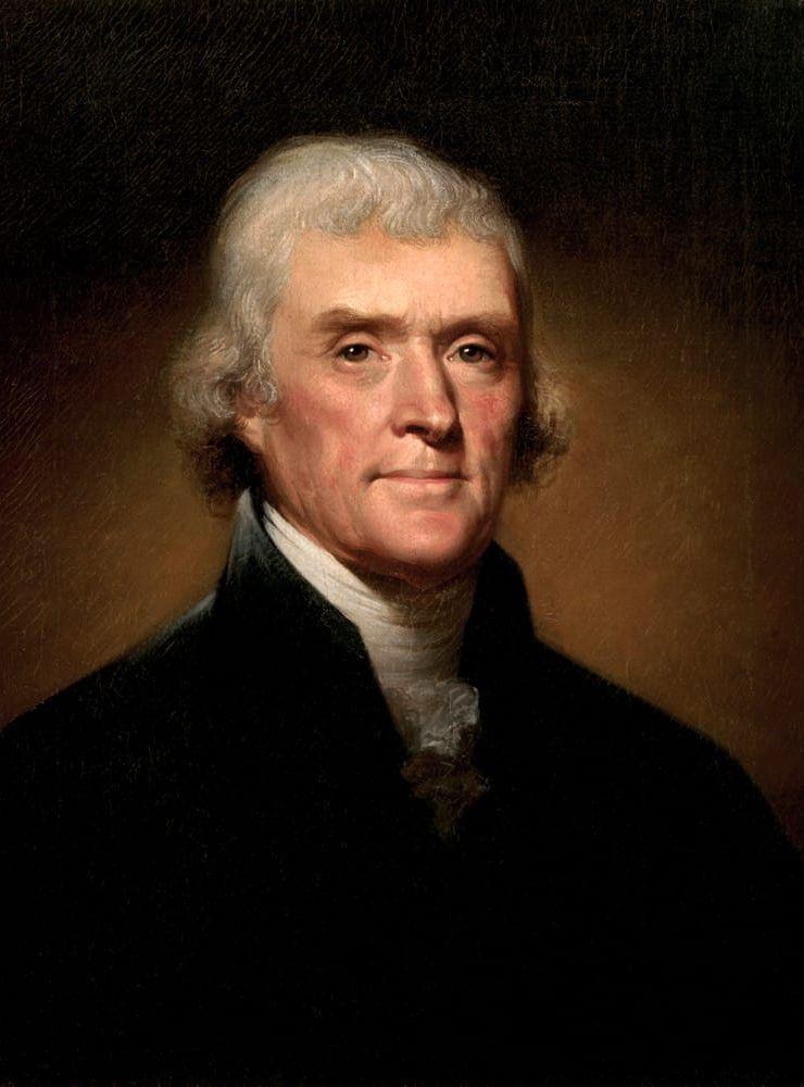 <strong>Thomas Jefferson (D-R), 1801–1809.</strong> Som en av författarna till Frihetsförklaringen räknas han som en av nationens fäder. Köpte Louisiana-territoriet av Frankrike för 15 miljoner dollar och dubblade därmed USA:s storlek. Hans ansikte finns avbildat på Mount Rushmore och tvådollarsedeln.
