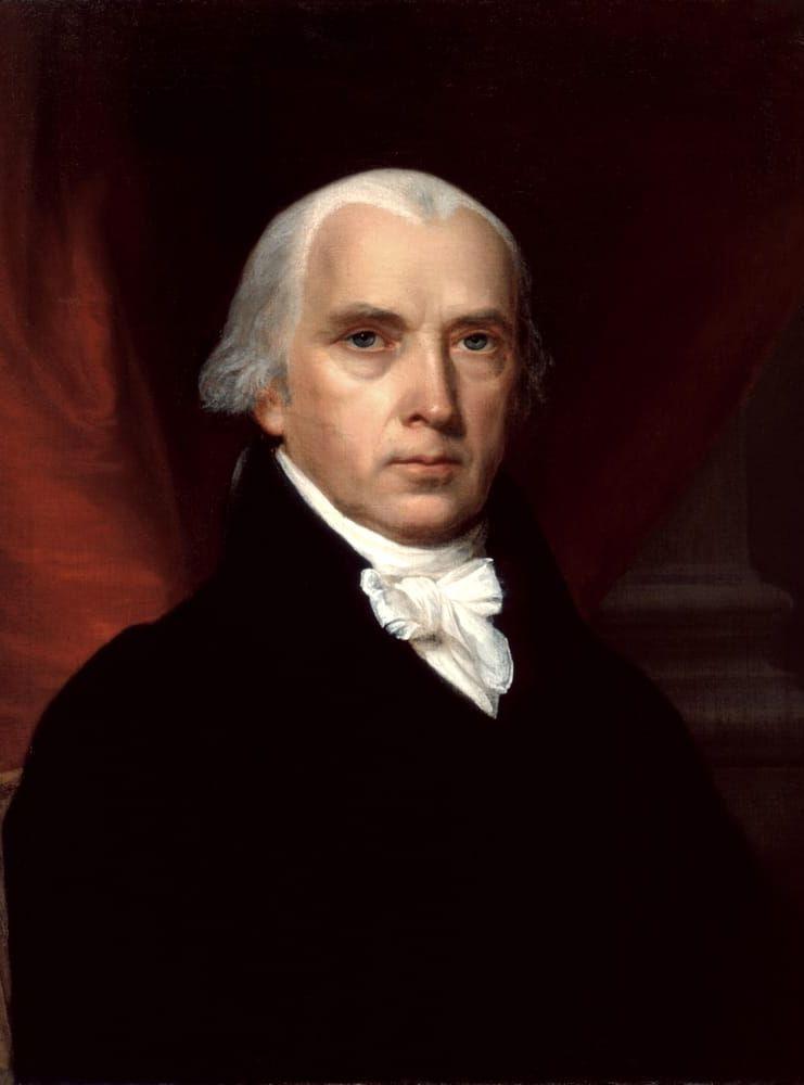 <strong>James Madison (D-R), 1809–1817.</strong> Författade rättighetsförklaringen och brukas ses som konstitutionens fader, även om han själv var noga med att understryka att den är resultatet av flera personers verk.