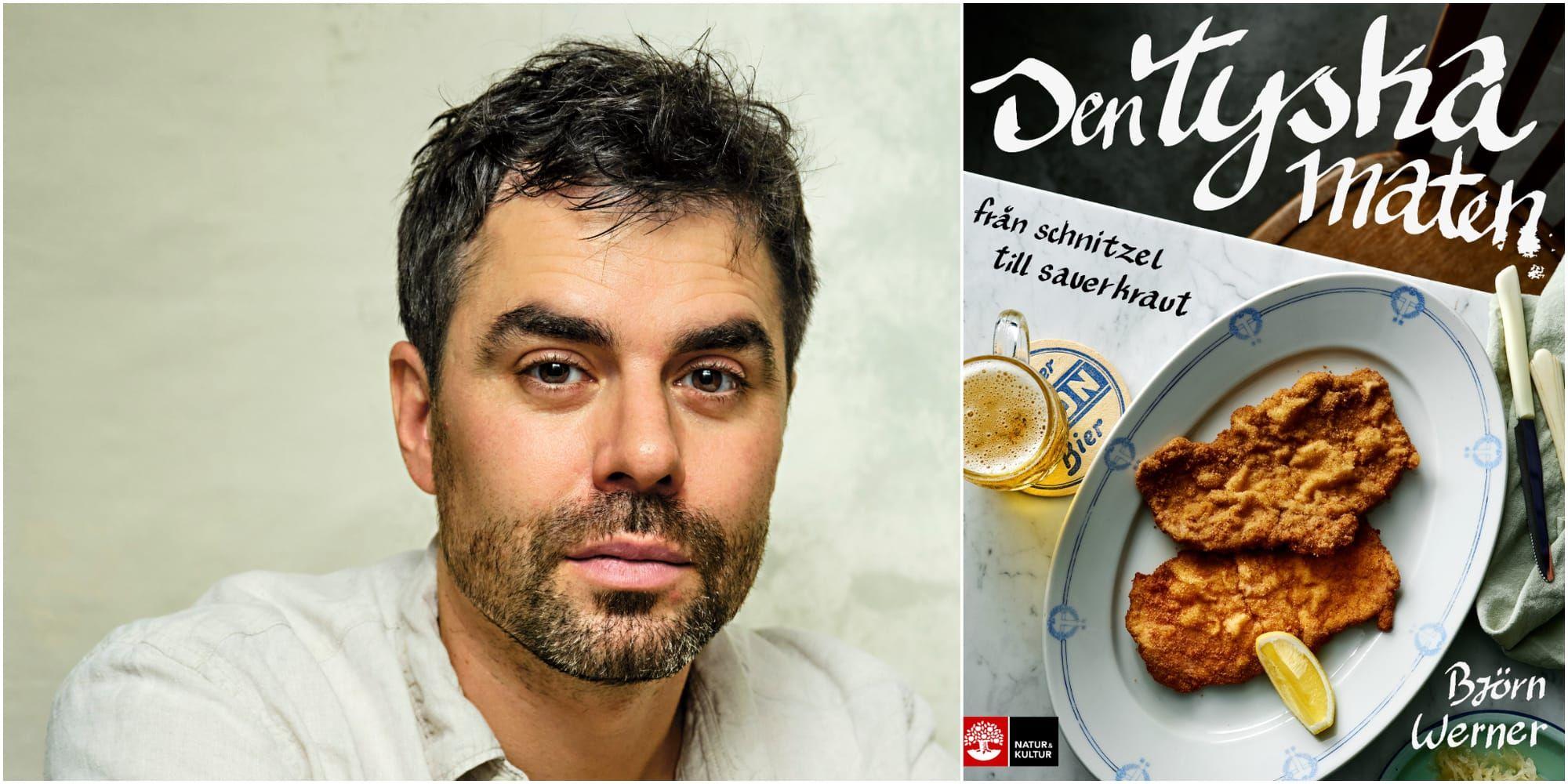 Björn Werner i vit skjorta och omslaget på hans kokbok ”Den tyska maten”.