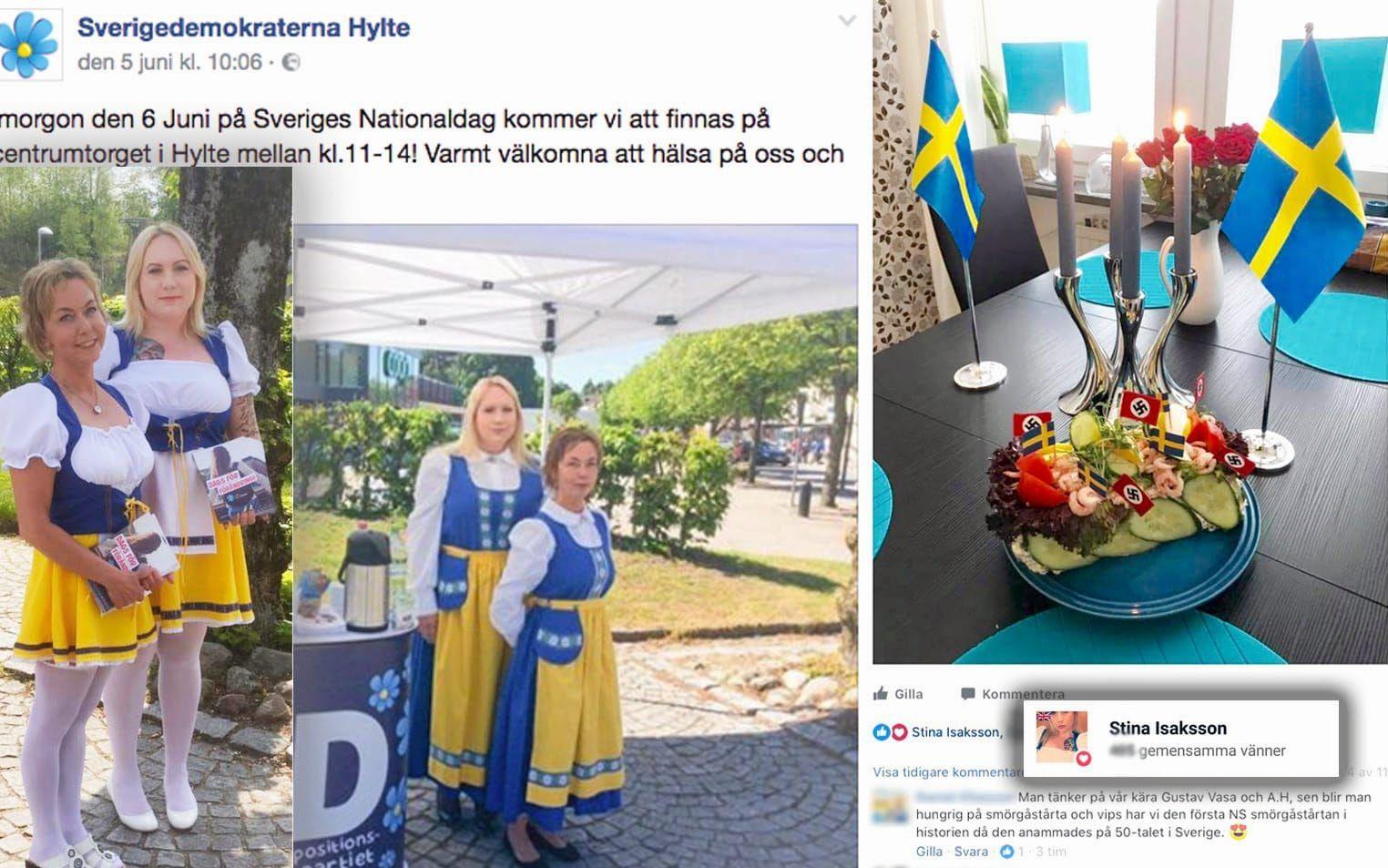 På Facebook har Sverigedemokraterna i Hylte lagt ut bilder på hur kommunpolitikerna Stina Isaksson (den blonda som står bakom) och Monica Grönroos firar nationaldagen. Stina Isaksson har även varit inne och gillat ett inlägg där en nazist gjort en smörgåstårta med hakkors på flaggorna.
