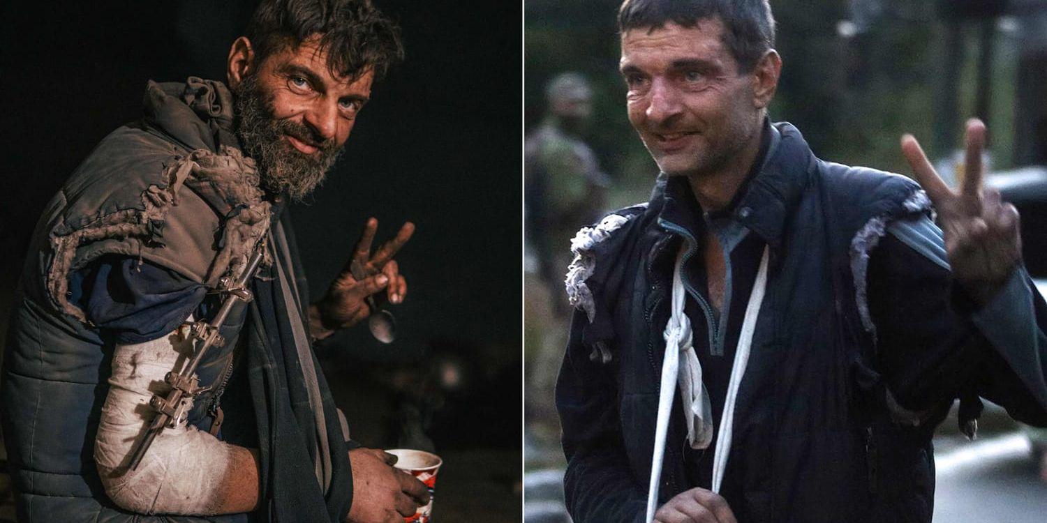 Bilden till vänster visar Michailo Dianov den 11 maj innan de ukrainska styrkorna i stålverket Azovstal kapitulerade. Den andra bilden visar Dianov när han släpptes ur ryskt fångenskap fyra månader senare i ett fångutbyte.