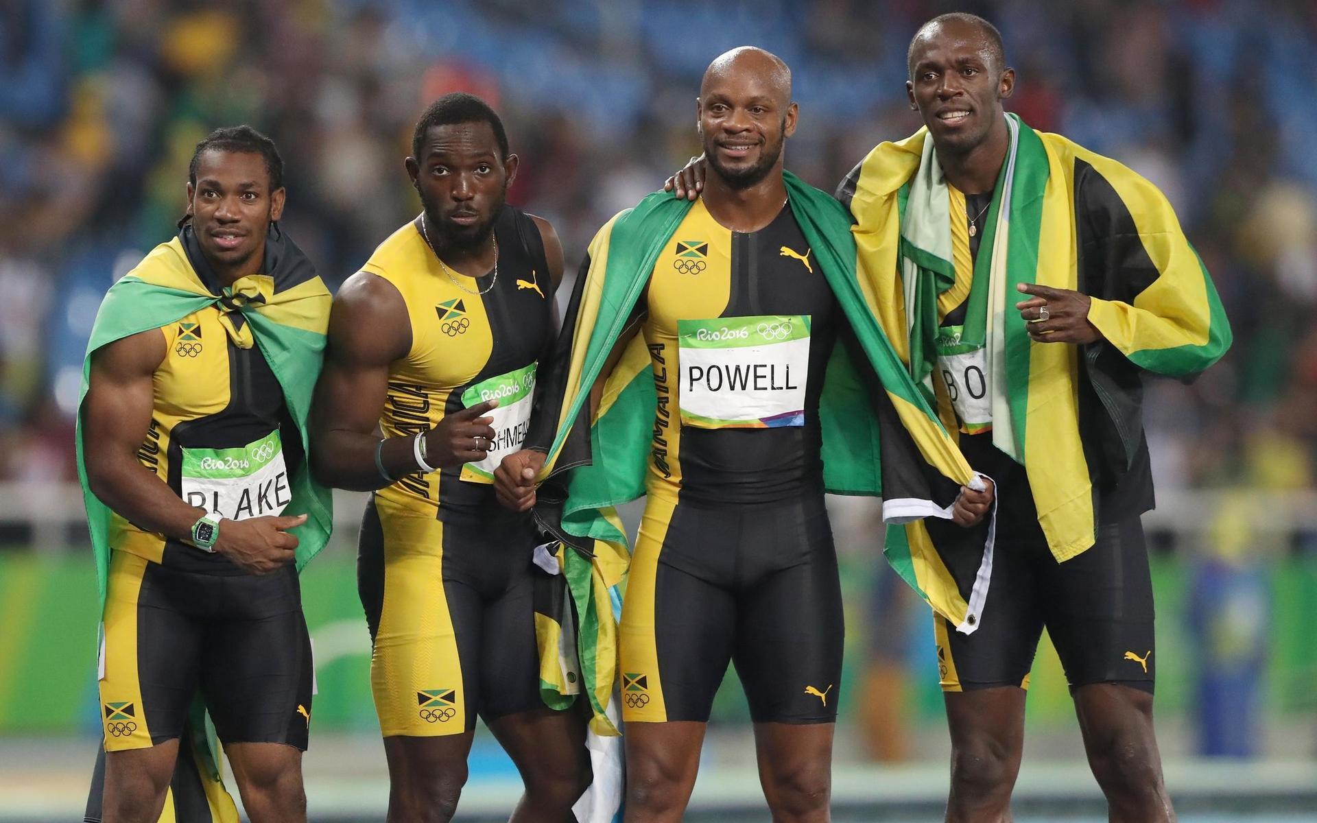 Yohan Blake, Nickel Ashmeade, Asafa Powell och Usain Bolt firar guldet i 4x100-meter under OS 2016 i Rio de. Arkivbild.