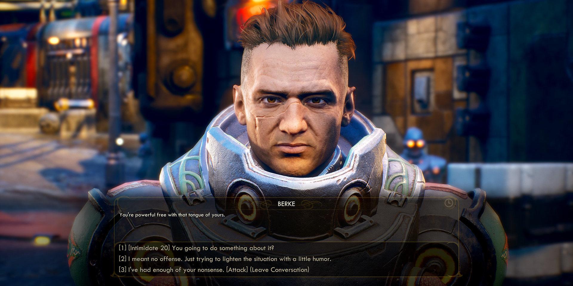 Tonvikten i 'The outer worlds' ligger på historieberättandet, enligt upphovsmännen. Med tillräckligt bra munläder kan spelaren prata sig ur de flesta situationer. Pressbild.