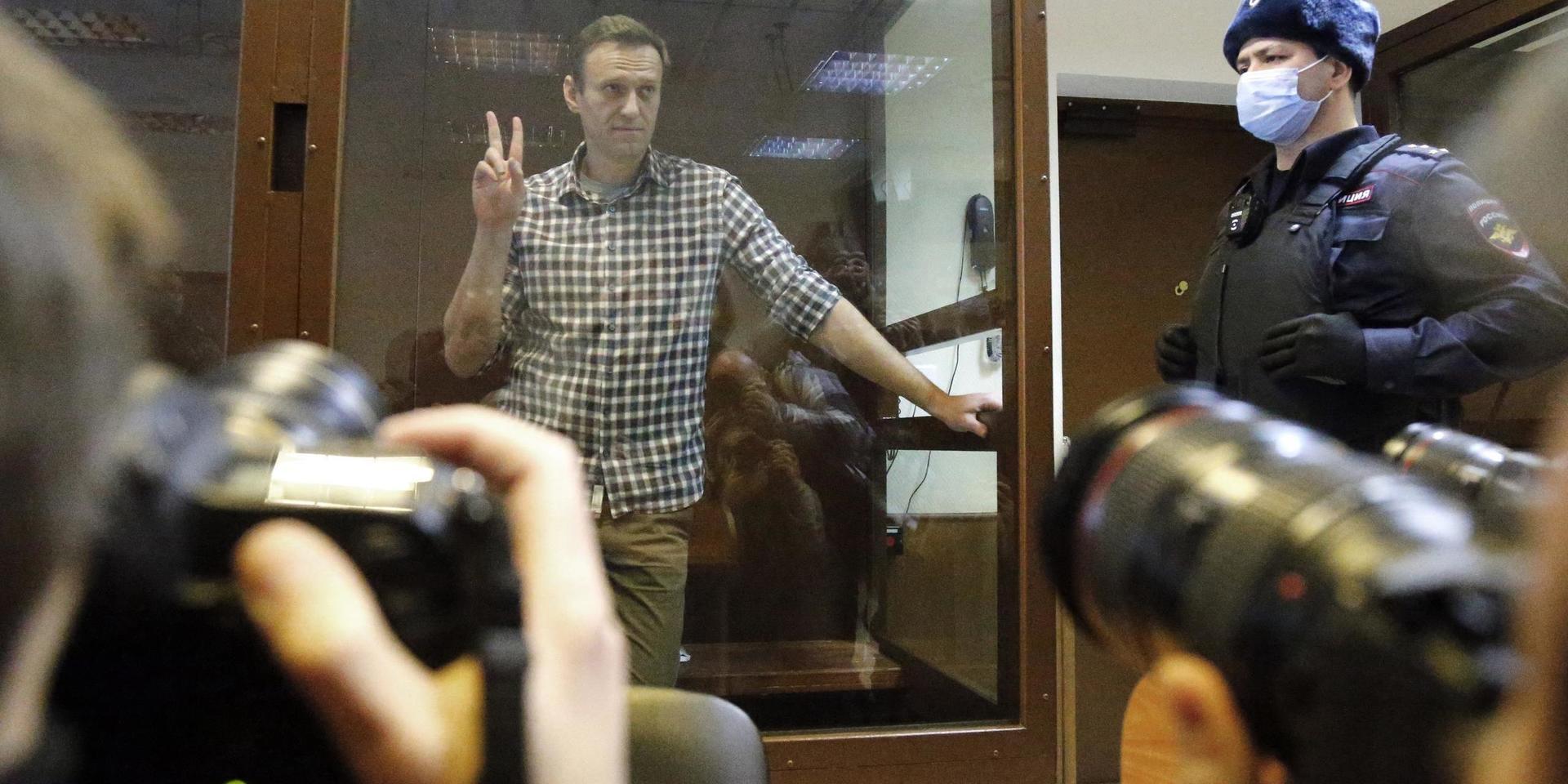 Den ryske oppositionsledaren Aleksej Navalnyj i rätten på lördagen.