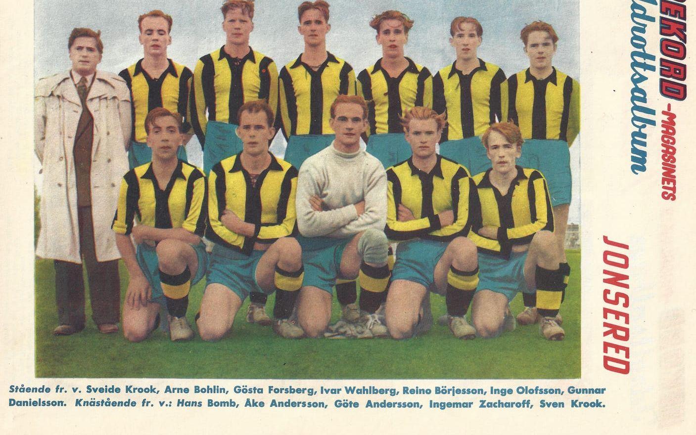 Lagbild på Jonsereds IF ur Rekordmagasinet 1947. Reino Börjesson, 18 år, femma från vänster i övre raden.