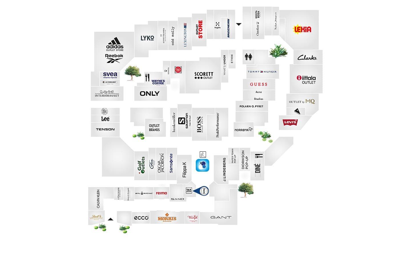 Klicka upp kartan i helskärm för att få en bättre överblick över Hede Fashion Outlet.