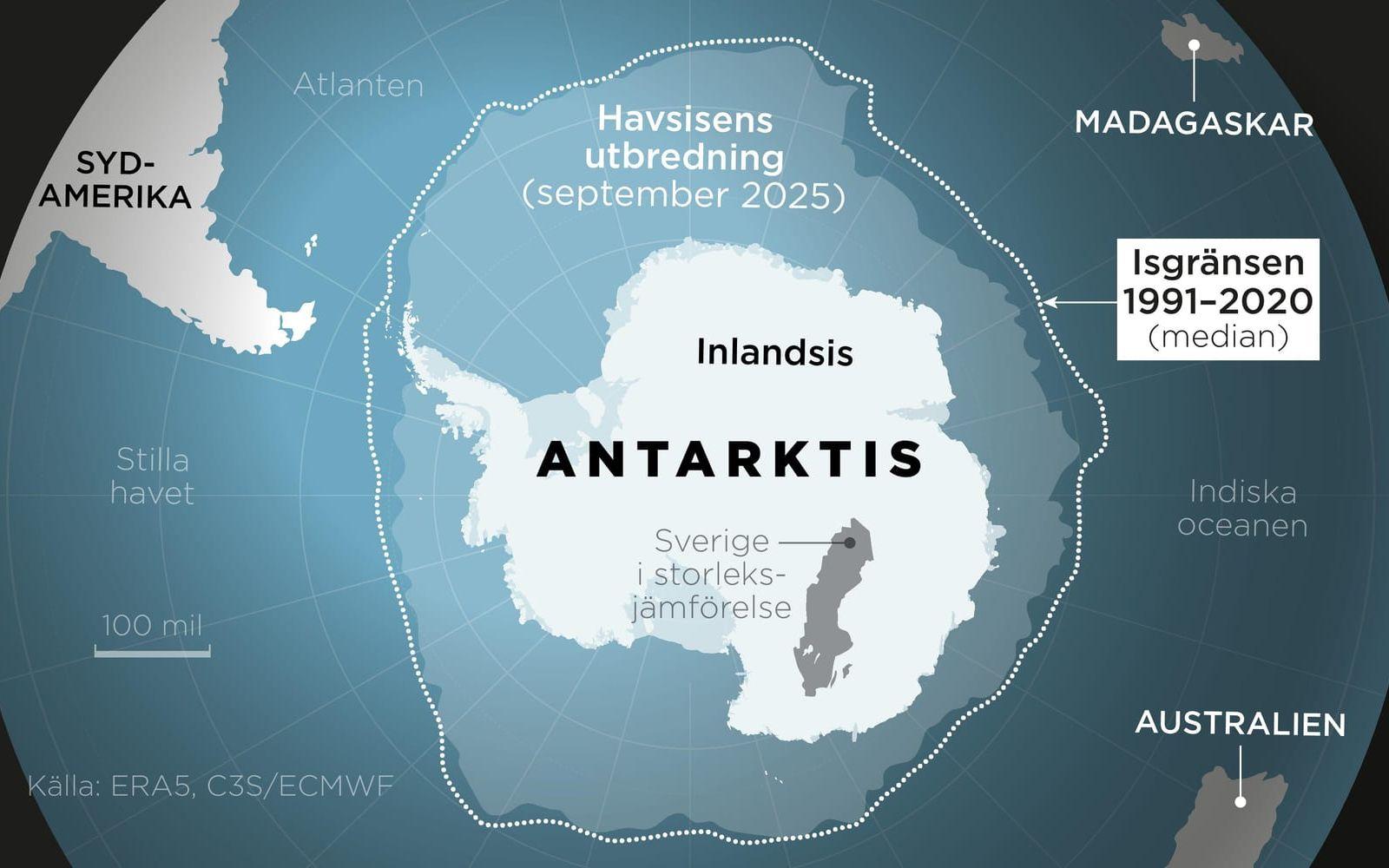 Havsisens utbredning i september 2025 jämfört med medianvärdet för perioden 1991–2020.