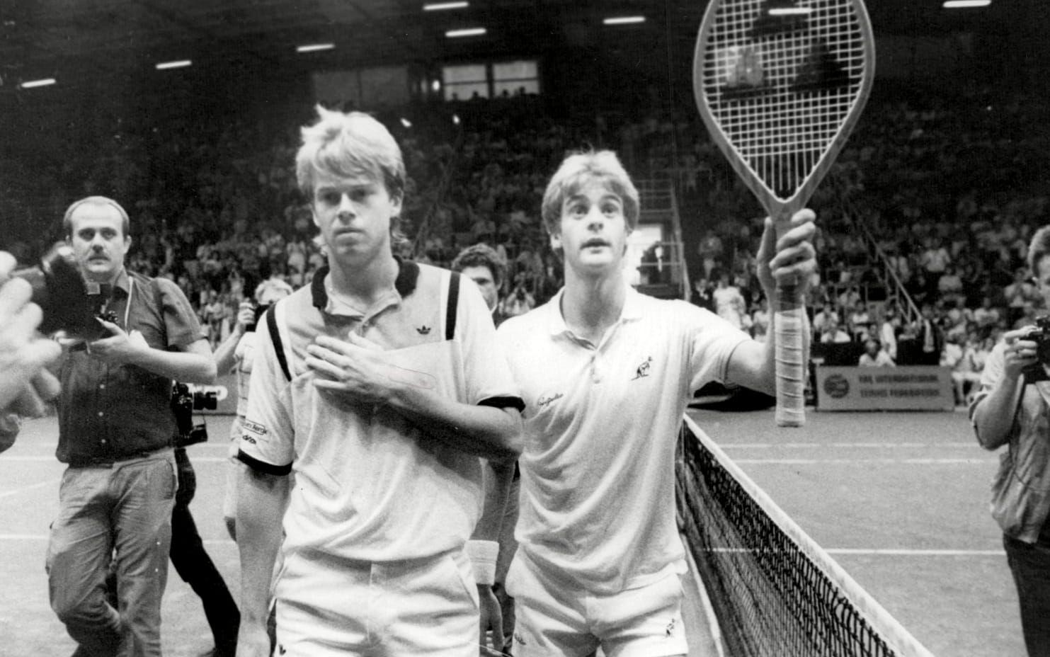 Malmö 1985-10-04Svenska dubbelparet Stefan Edberg och Anders Järryd vann matchen mot Mark Edmondson och John Fitzgerald, Australien, i Davis CupFoto: Jack Mikrut