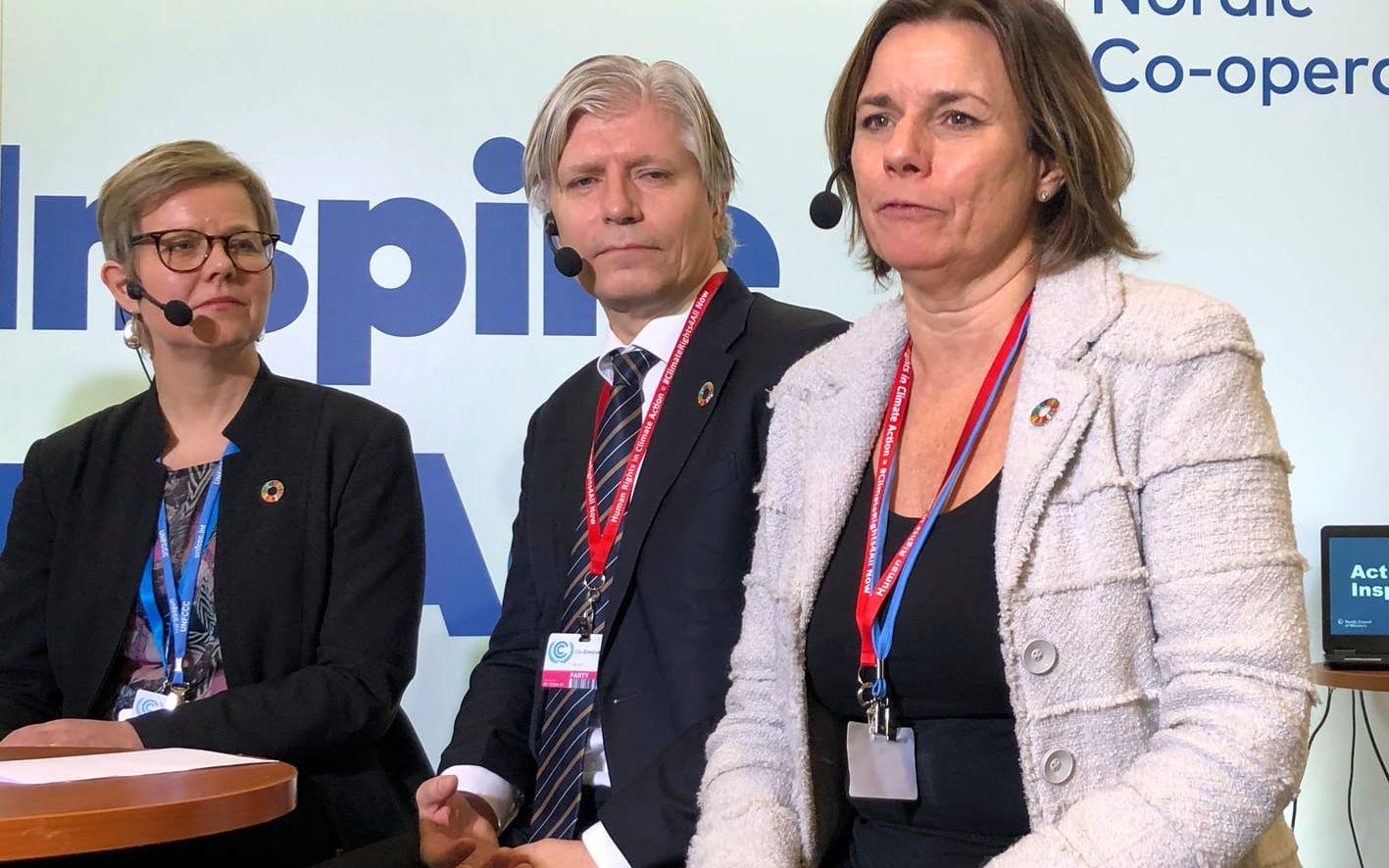 Från vänster: Finlands miljöminister Krista Mikkonen, Norges dito Ola Elvestuen och klimatminister Isabella Lövin på FN:s klimatmöte i Madrid.